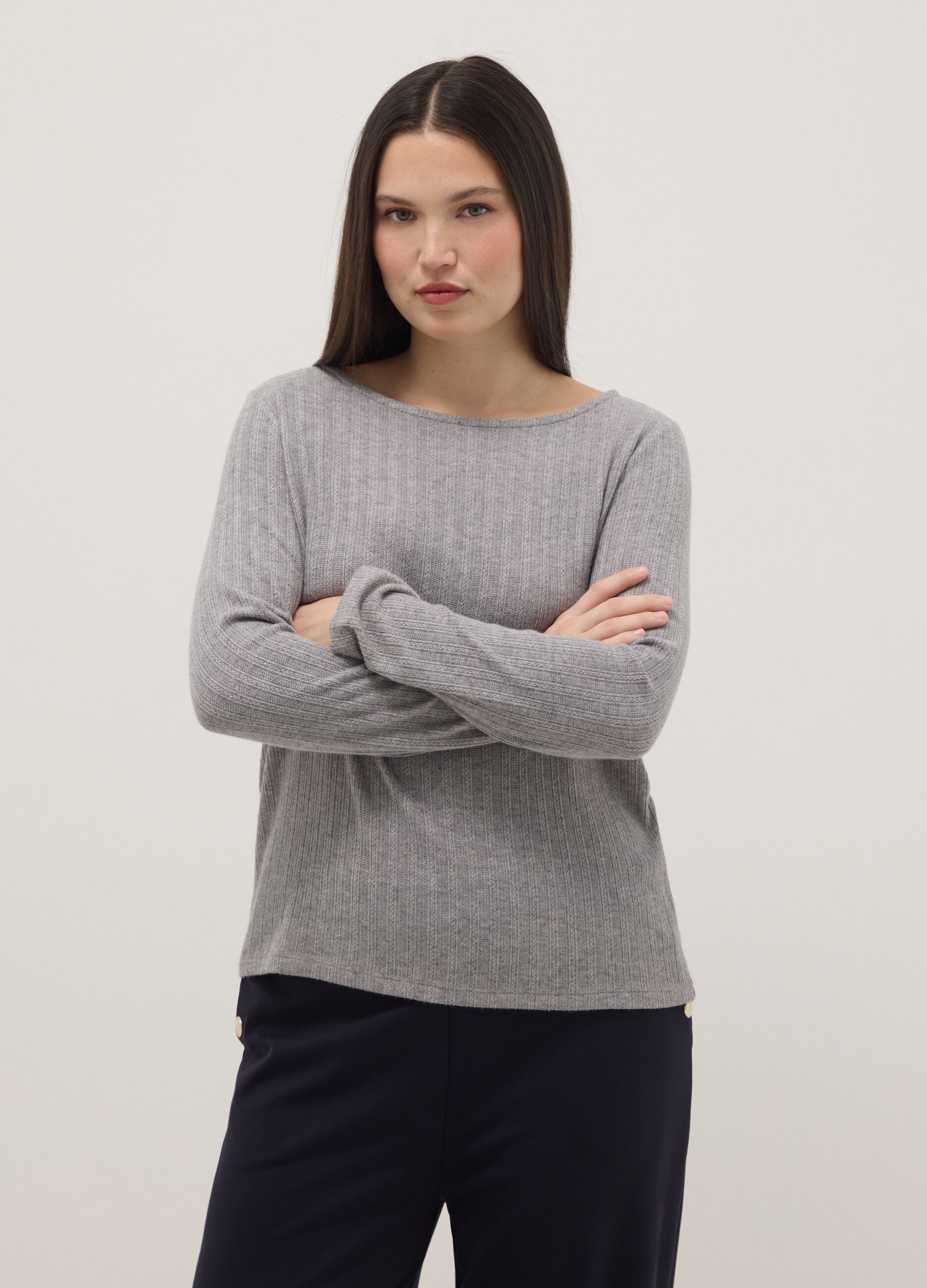 Grey long-sleeve regular fit boat neck t-shirt