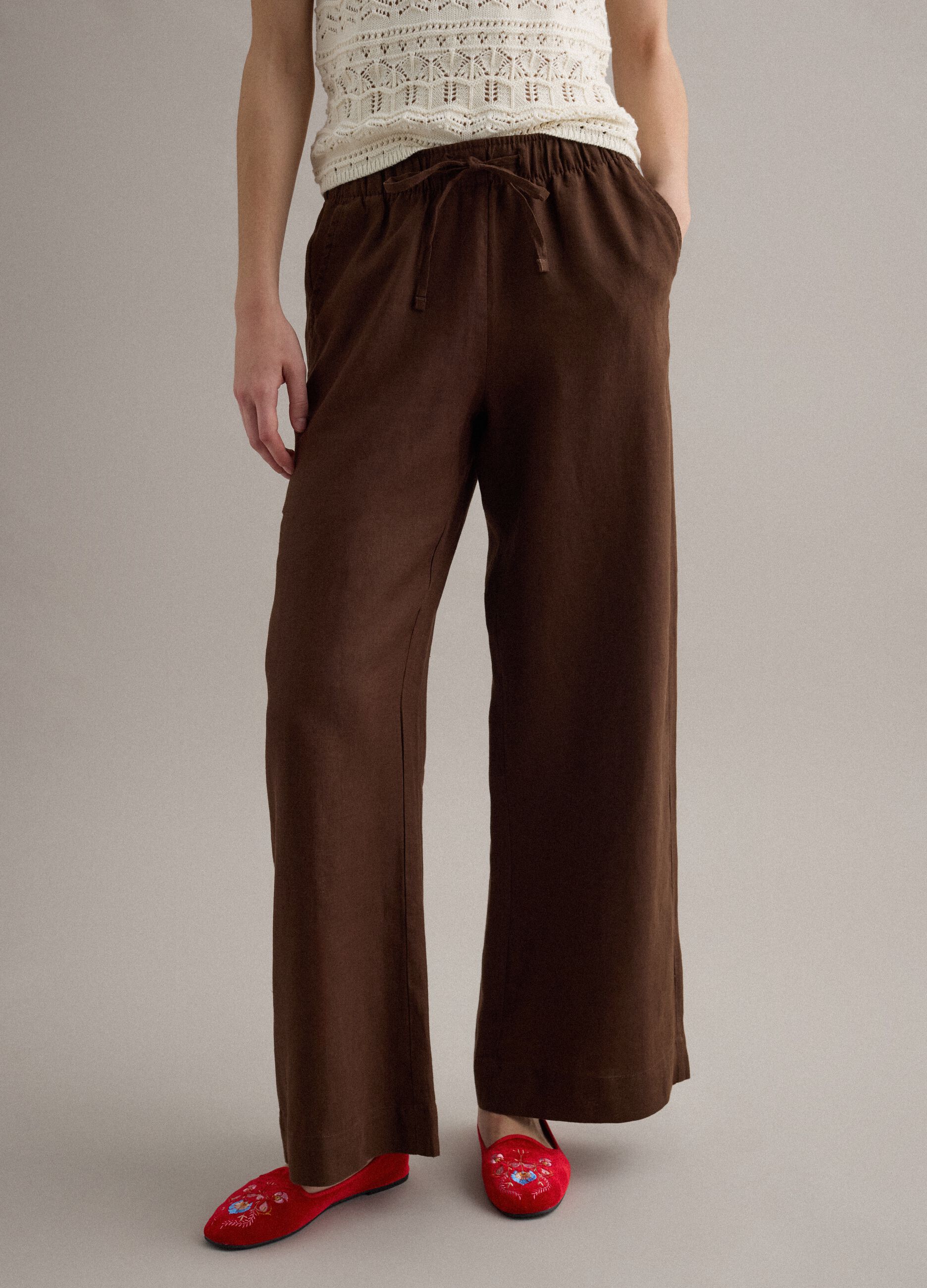 Brown pure linen drawstring trousers, straight fit