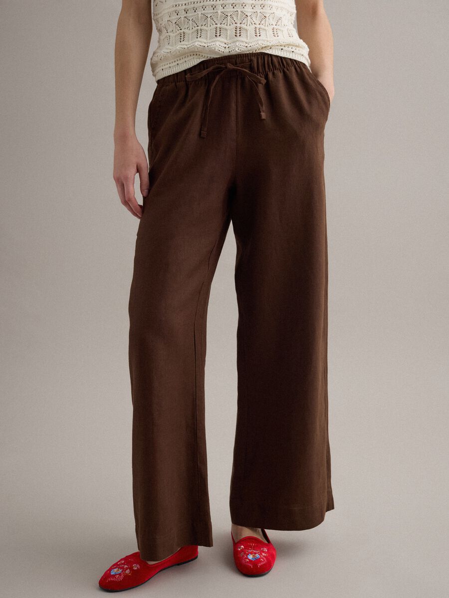 Pantaloni marroni in puro lino con coulisse straight fit_2