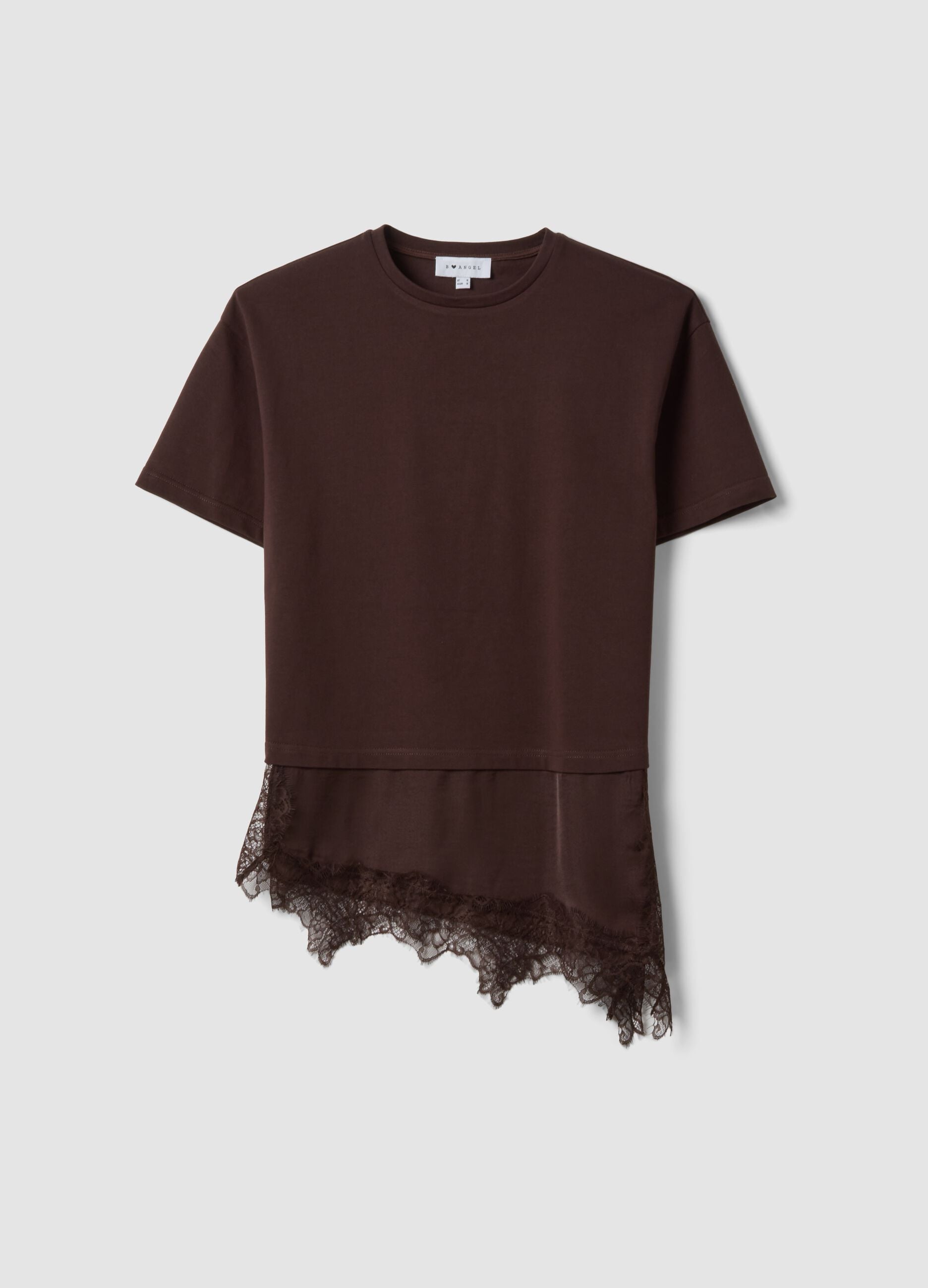 Brown pure cotton T-shirt with lace insert, relaxed fit