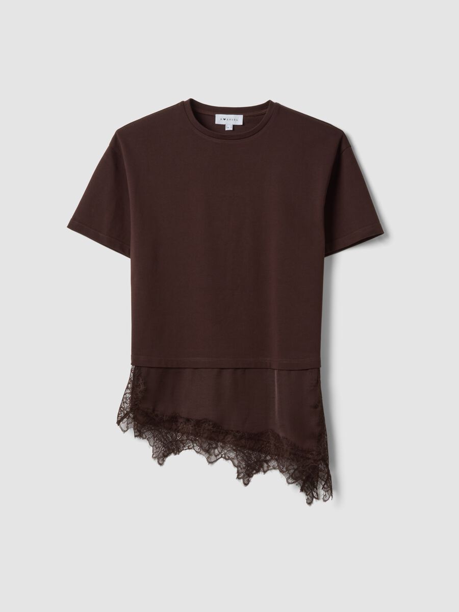 Brown pure cotton T-shirt with lace insert, relaxed fit_4