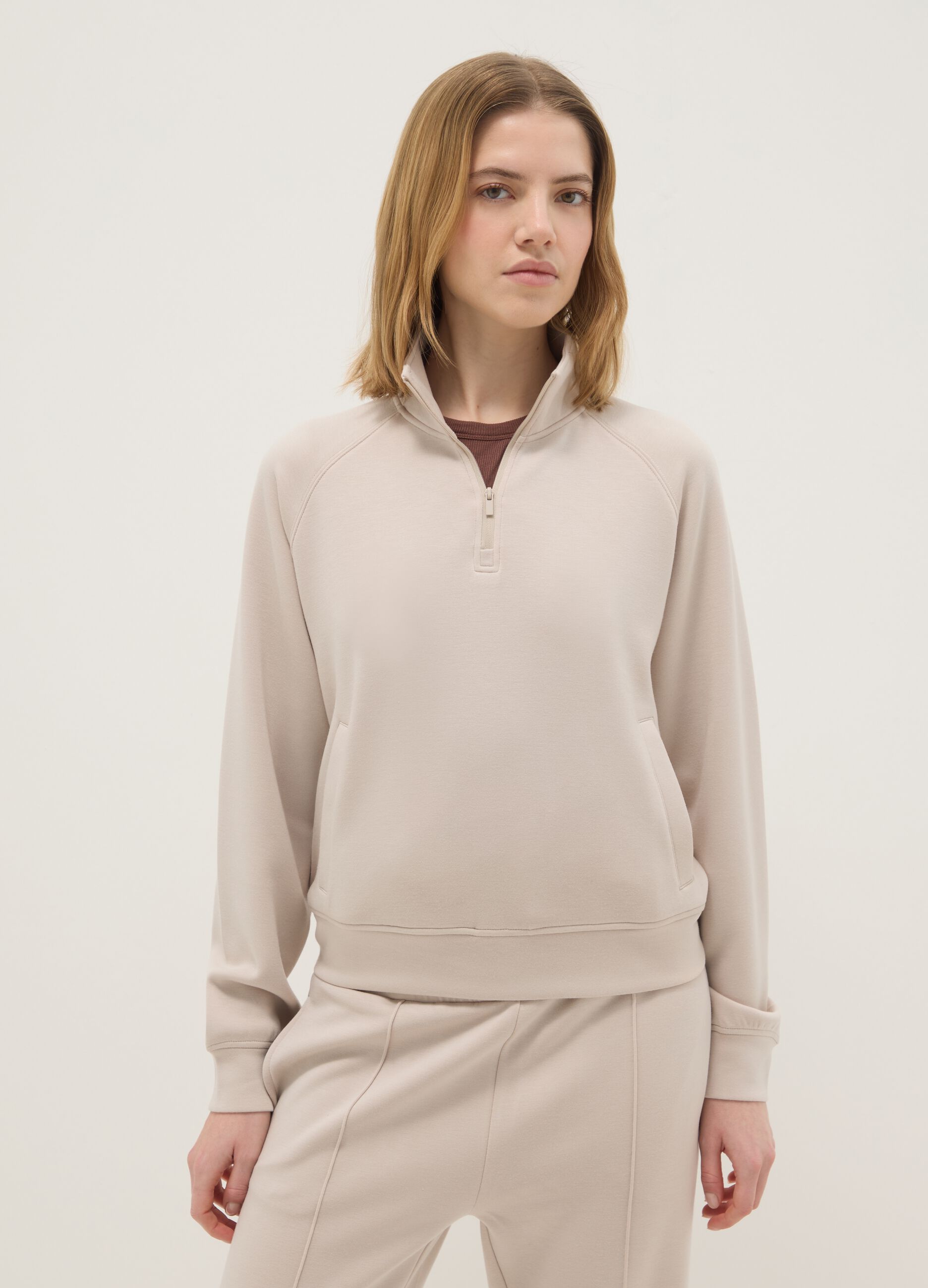 Beige regular fit modal blend sweatshirt with half zip