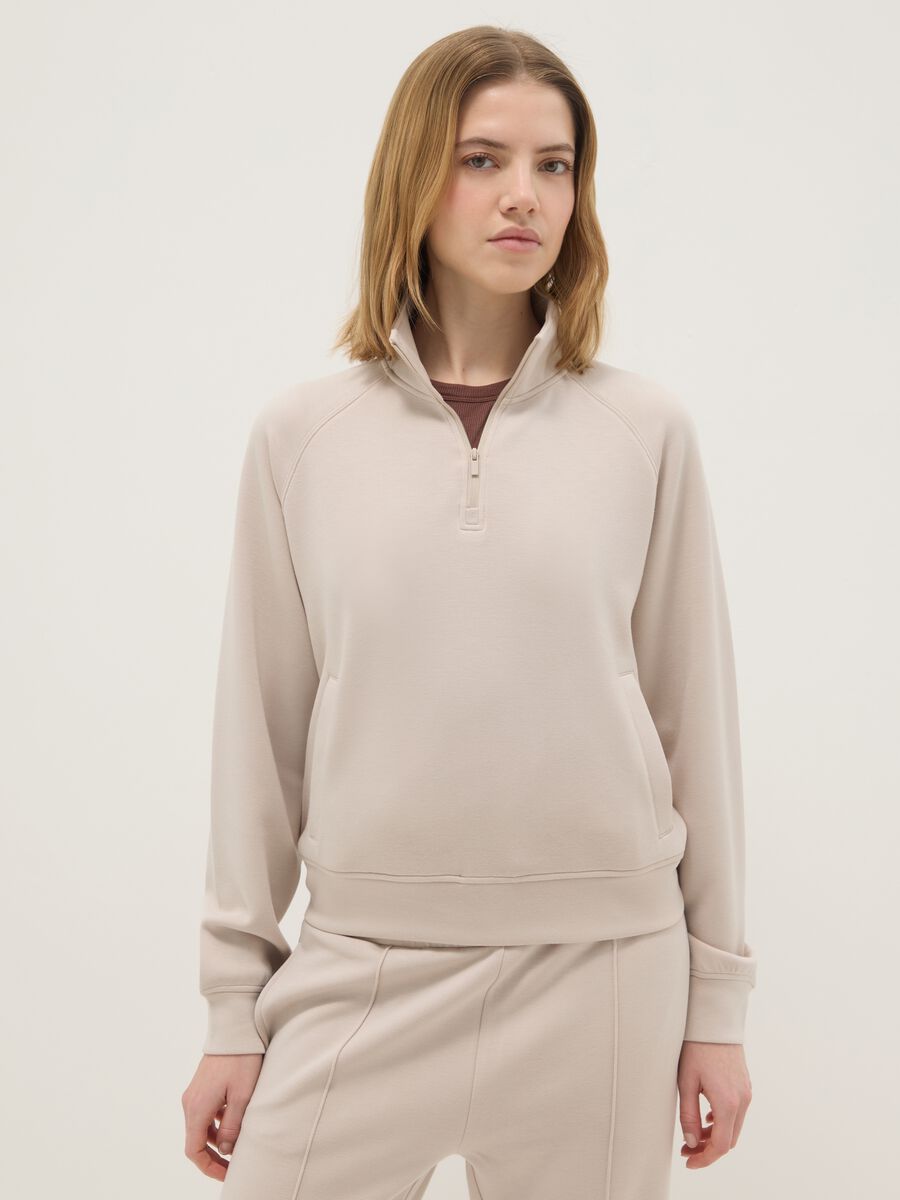 Beige regular fit modal blend sweatshirt with half zip_0