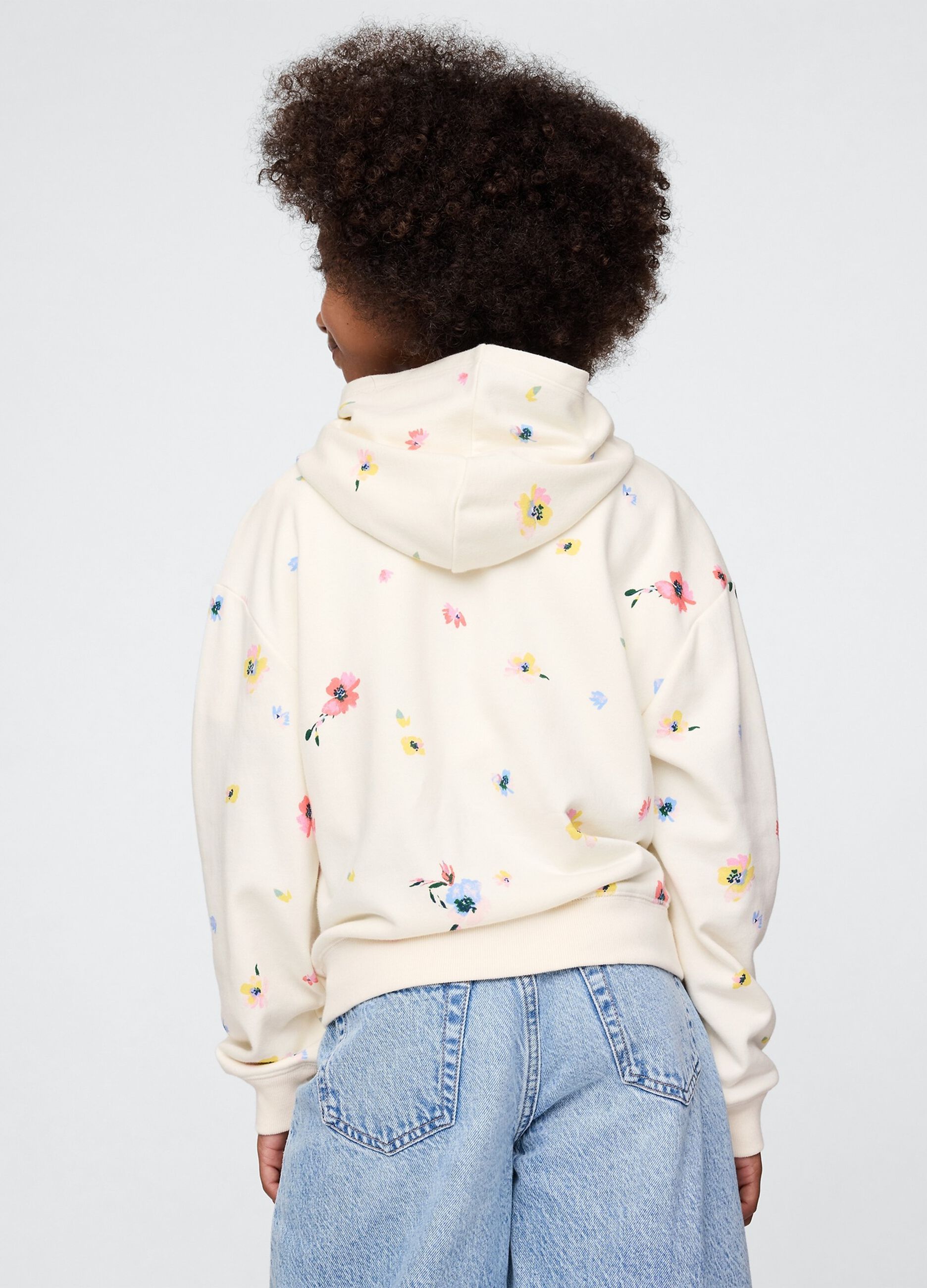 Felpa bianca con cappuccio stampa fiori e ricamo logo
