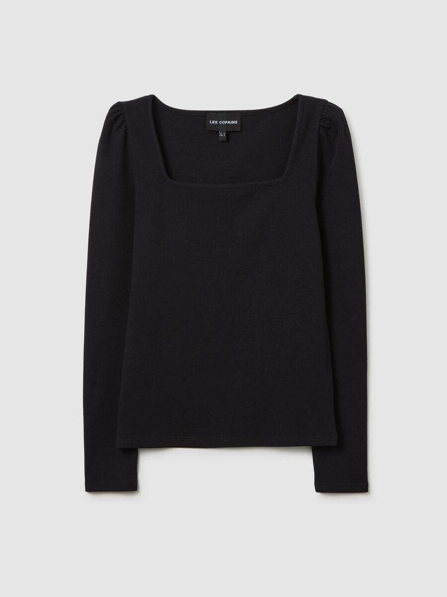 Black stretch cotton blend regular fit top with round neckline_0