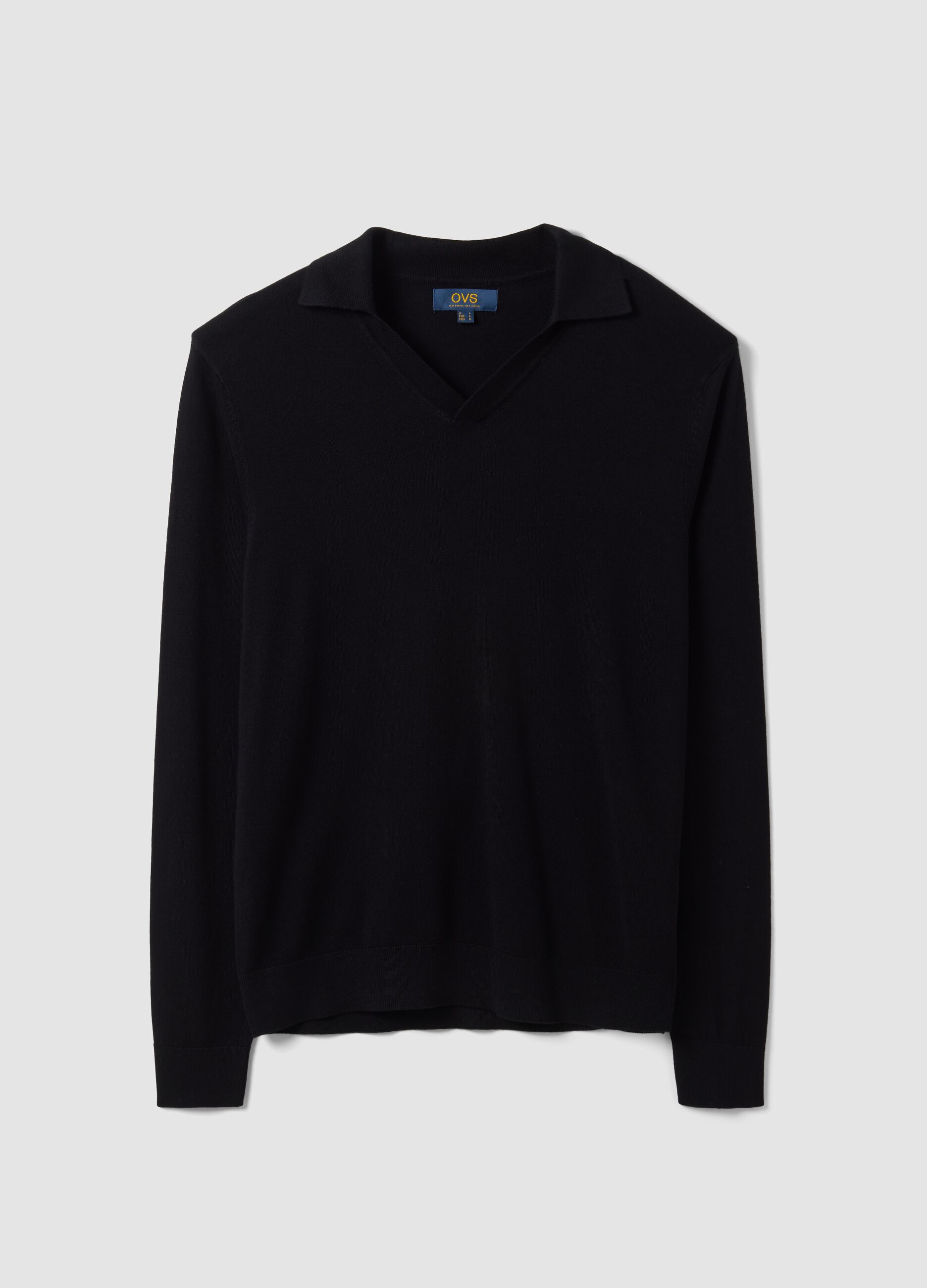 Black viscose-blend V-neck polo shirt, regular fit