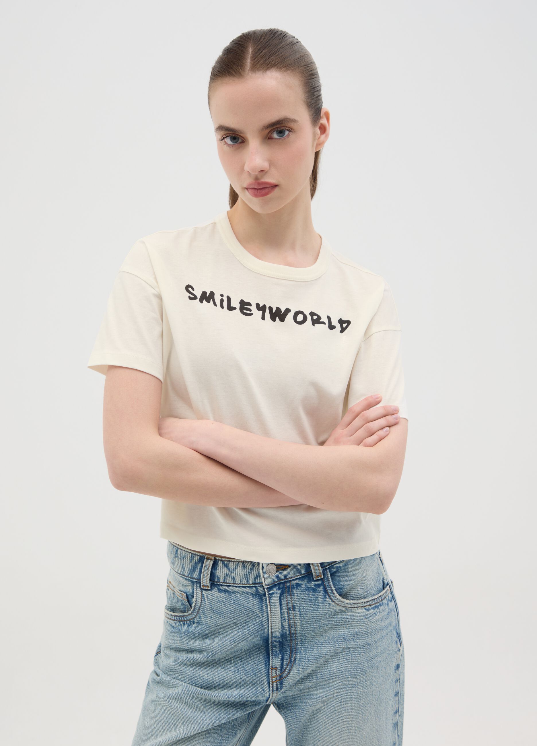 T-shirt da donna in puro cotone multicolor regular fit con stampa