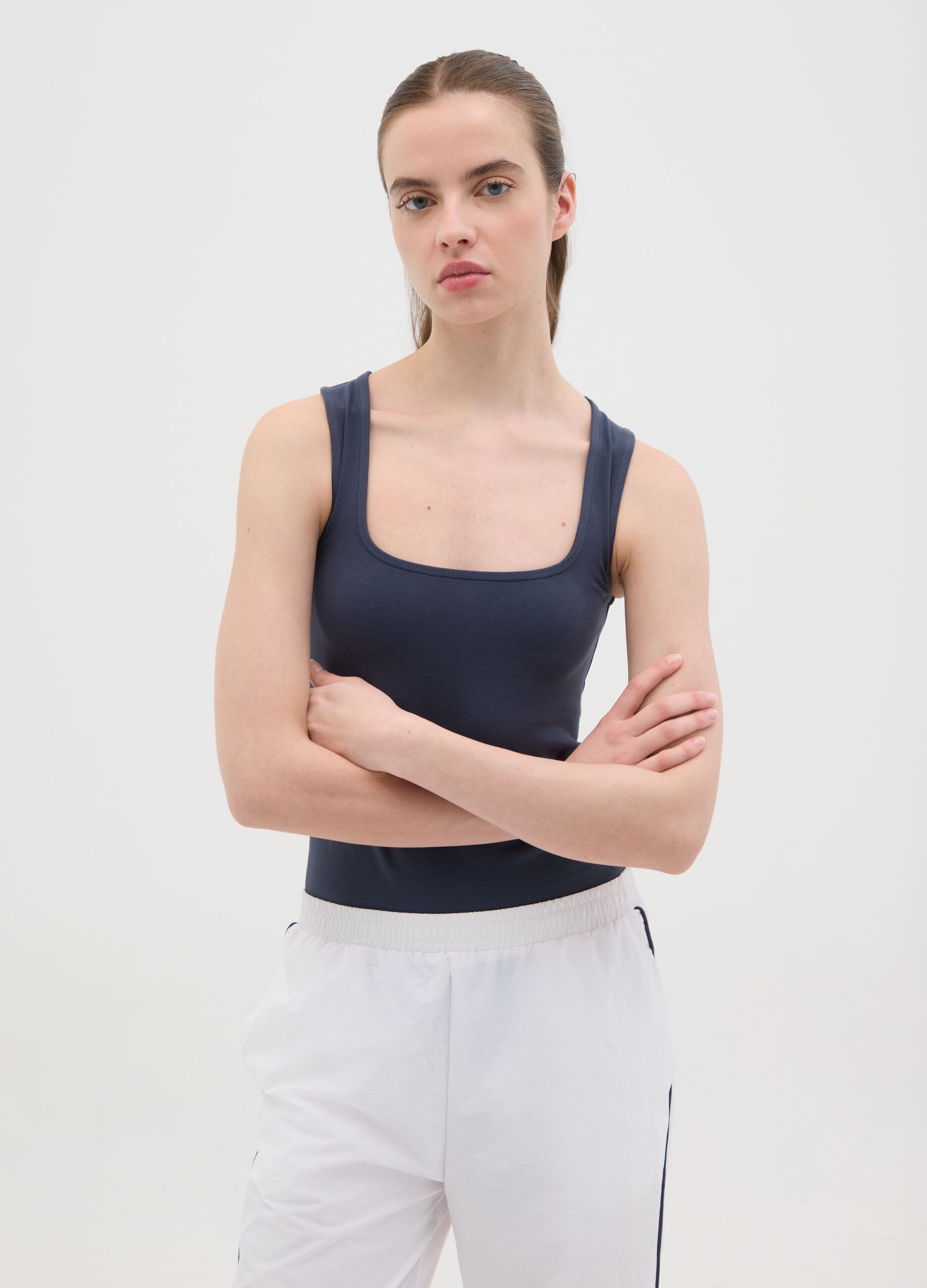 Women's stretch cotton blue bodysuit regular fit with square neckline