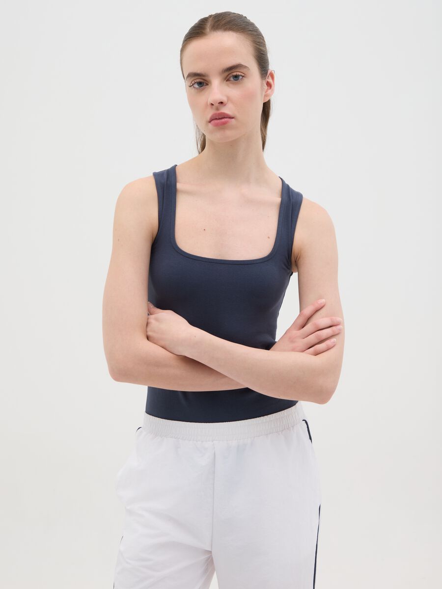 Women's stretch cotton blue bodysuit regular fit with square neckline_1