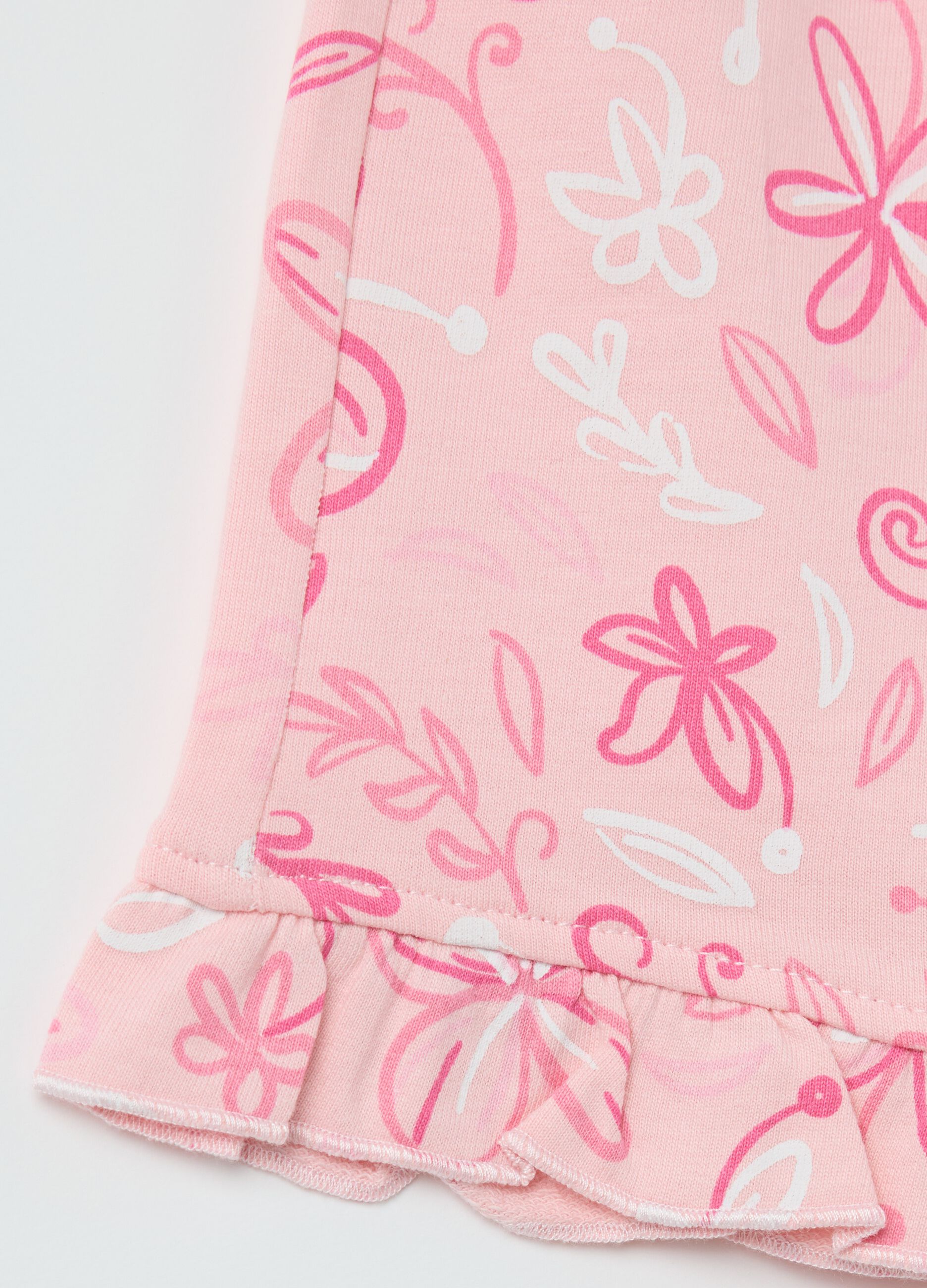 Pink French terry shorts with drawstring and print
