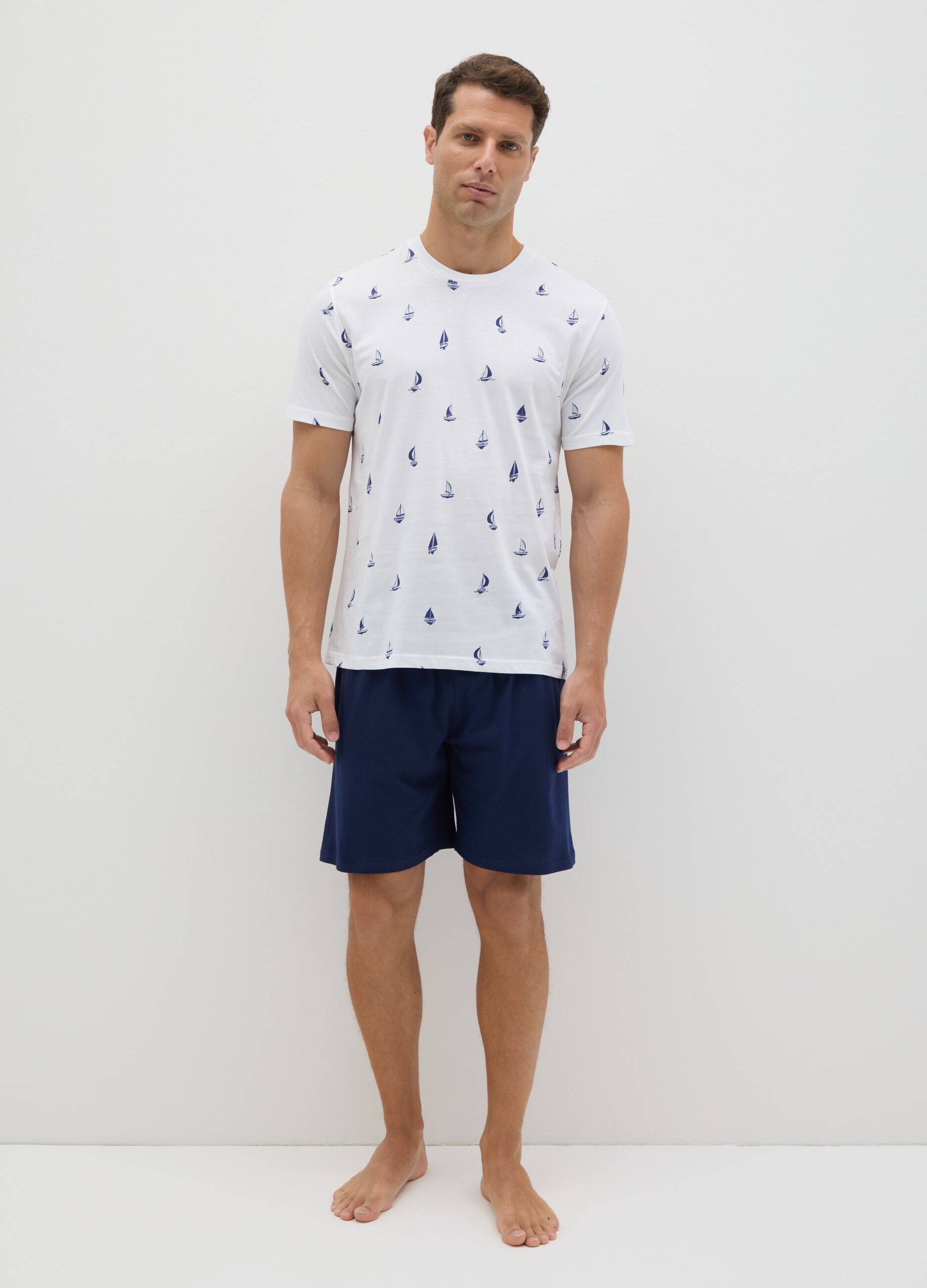 Completo pigiama da uomo in puro cotone bianco regular fit con fantasia