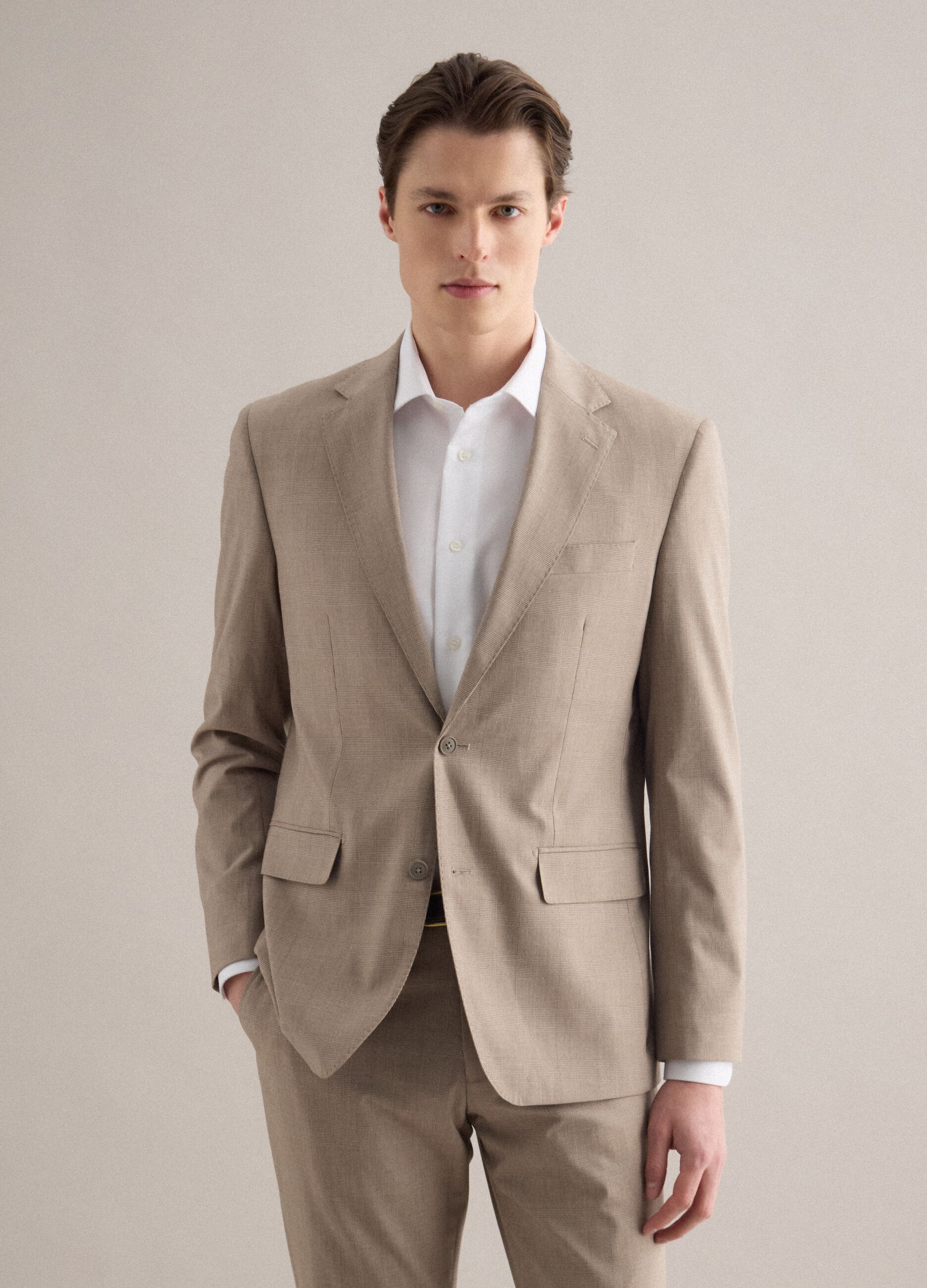 Slim fit beige check cotton blend jacket with lapel