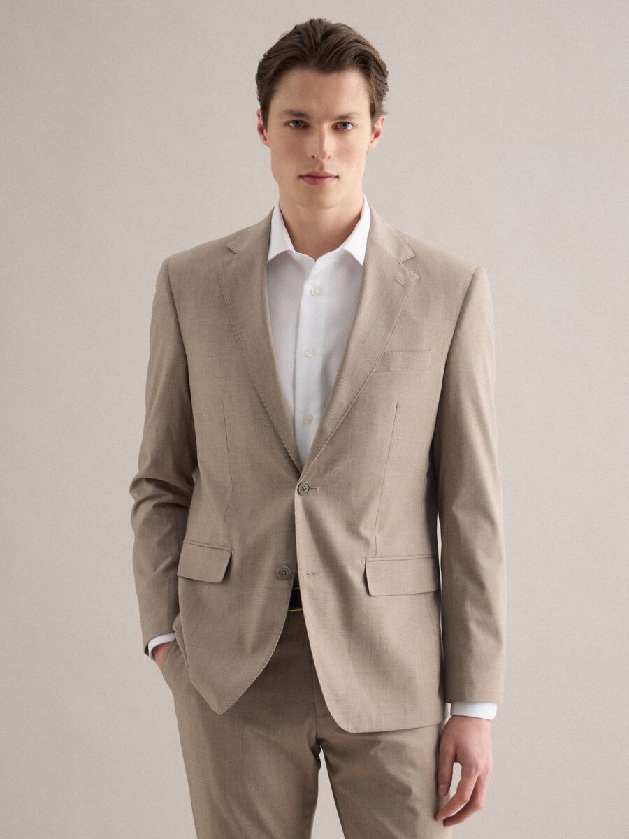 Slim fit beige check cotton blend jacket with lapel_0