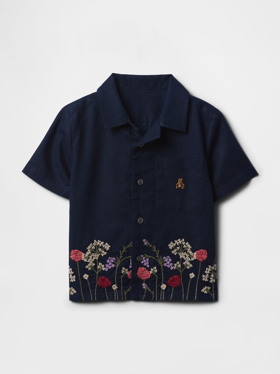 Navy blue short sleeve shirt with floral embroidery_1
