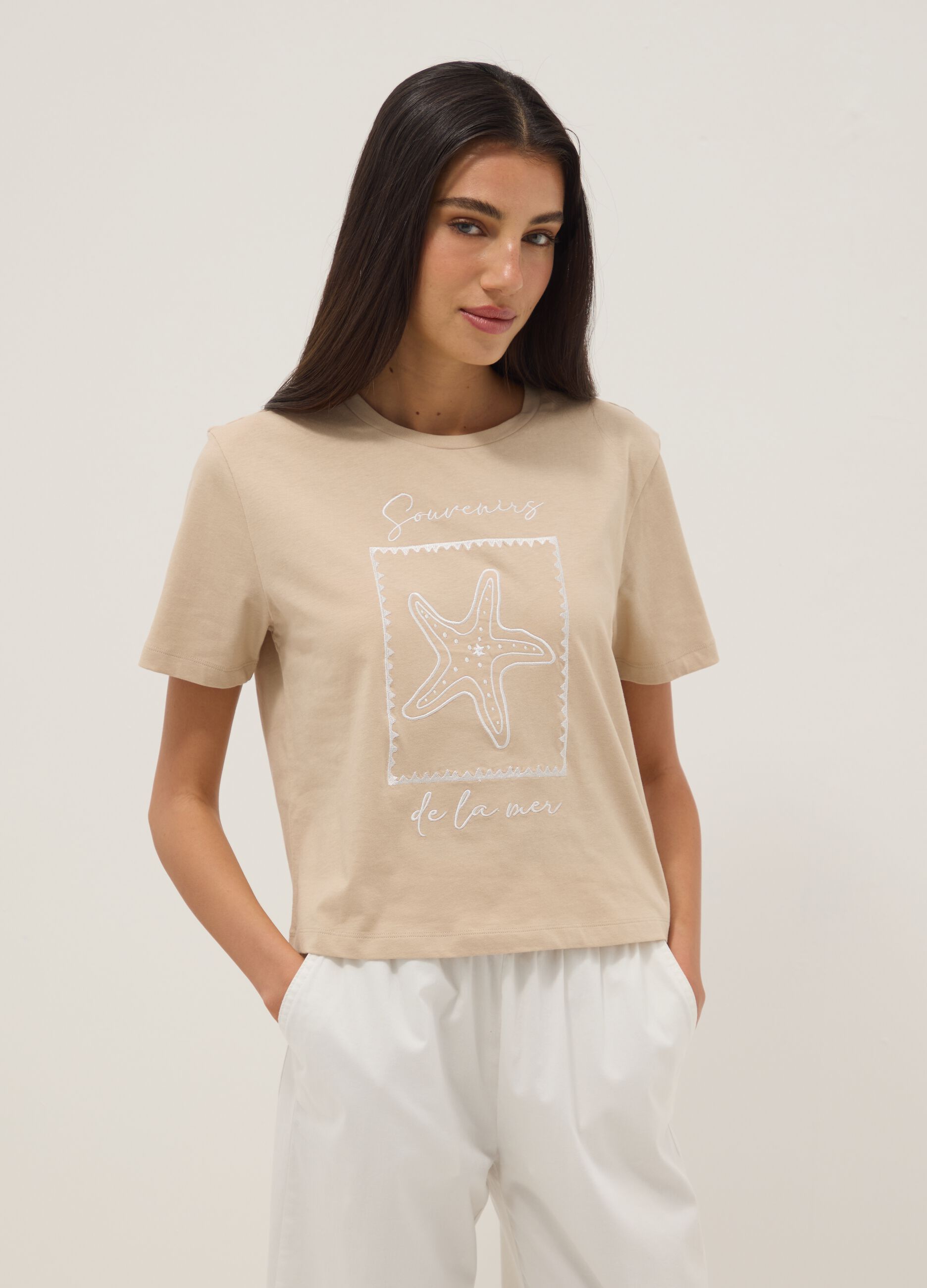 Beige pure cotton regular fit t-shirt with embroidery