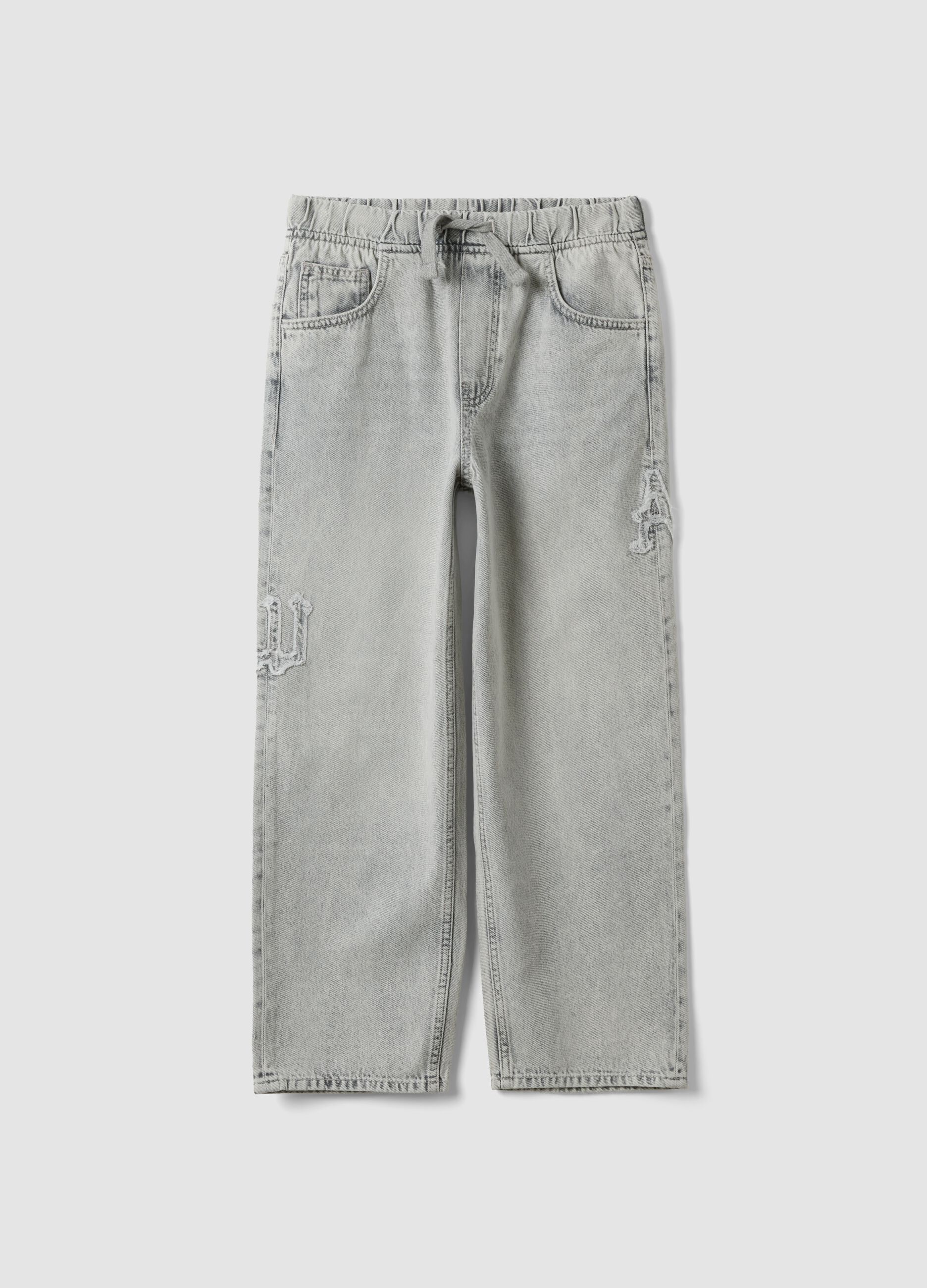 Grey pure cotton denim jeans with elasticated waist for boys, skater fit
