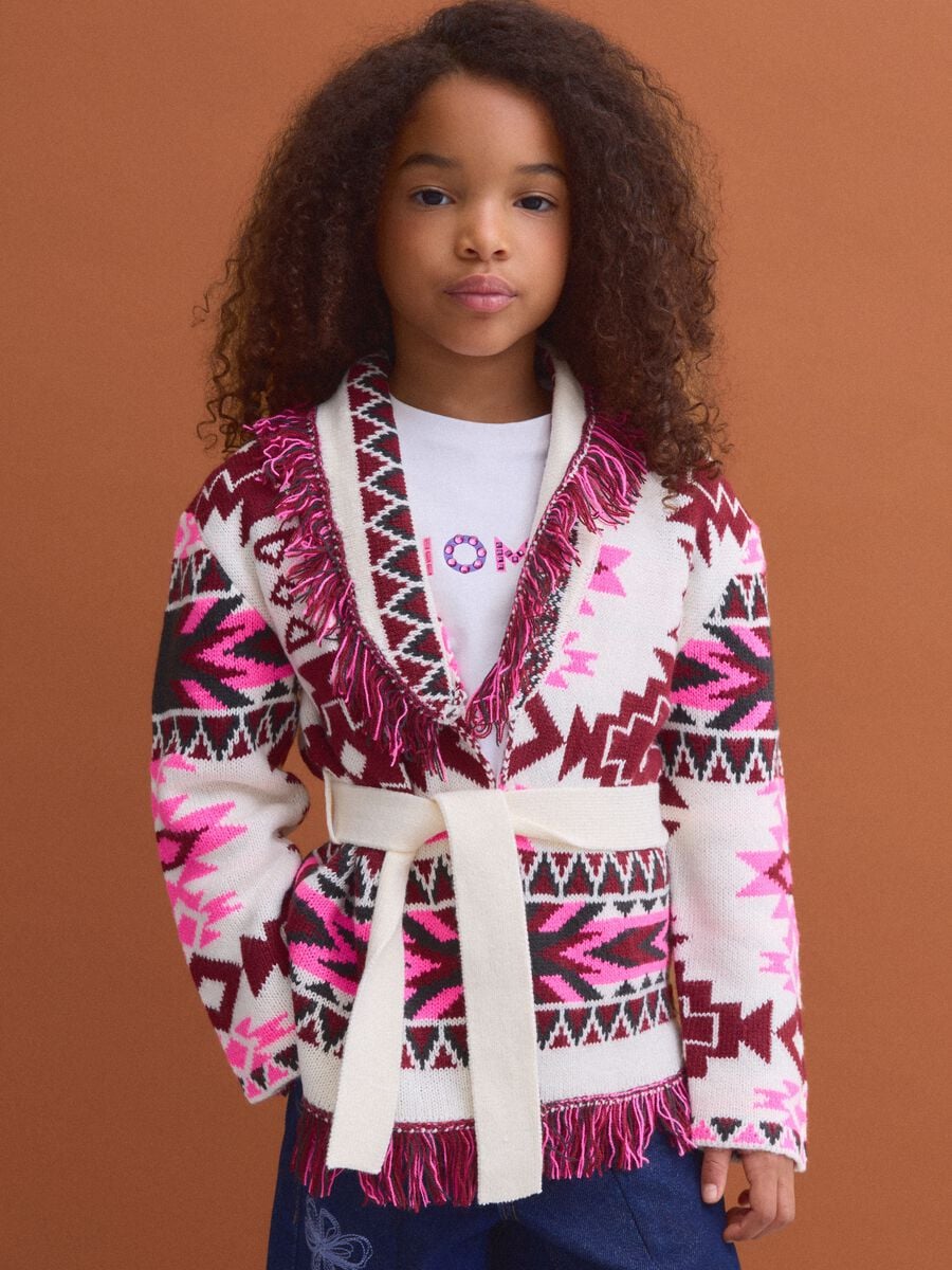Girls&rsquo; multicolour jacquard cardigan with deep V-neck_0