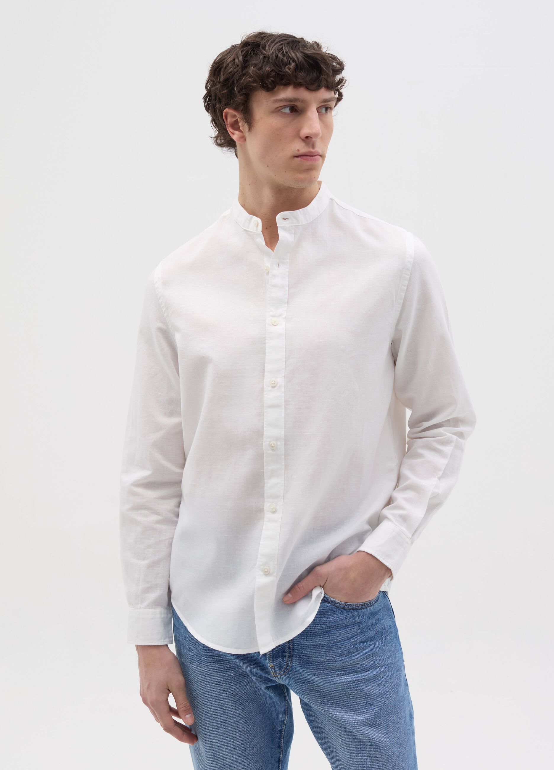 Camicia in cotone e lino collo alla coreana