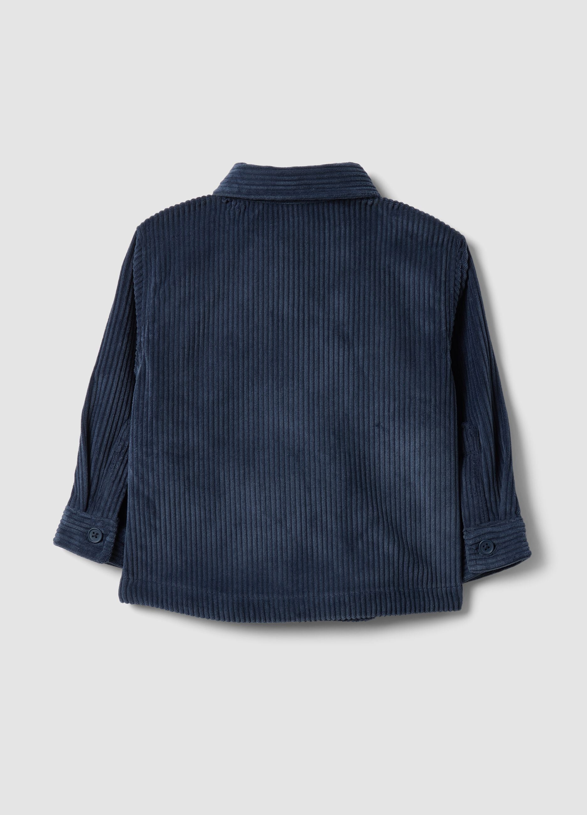 Blue ribbed shacket with buttons and classic collar