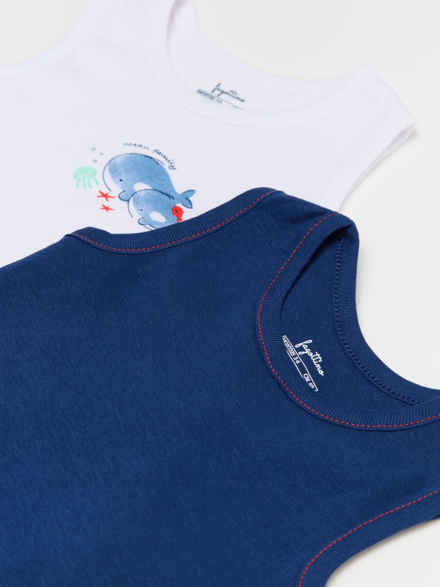 Three-pack sleeveless blue and white bodysuits in organic cotton with print_3