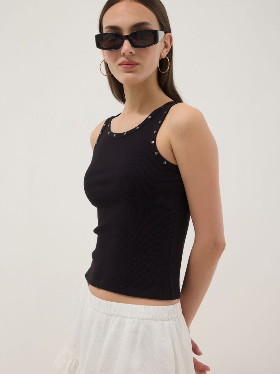 Tank top blu in cotone elasticizzato con borchie_0