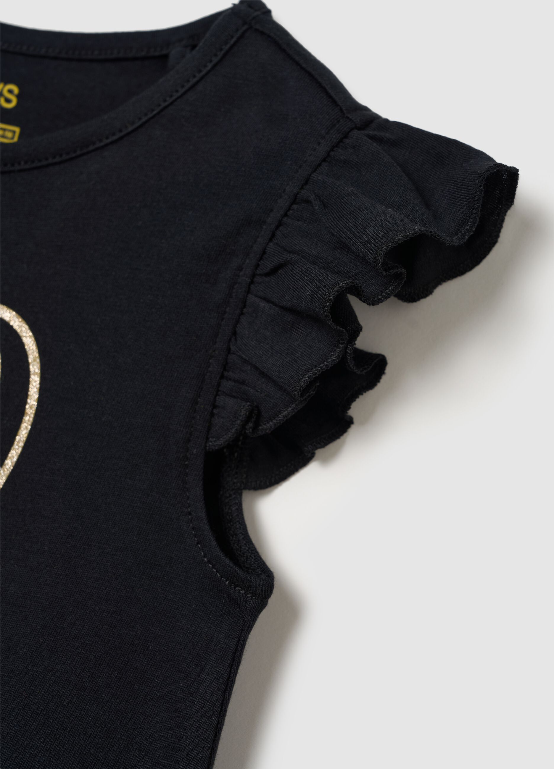 Girls' black pure cotton regular fit T-shirt with ruffles