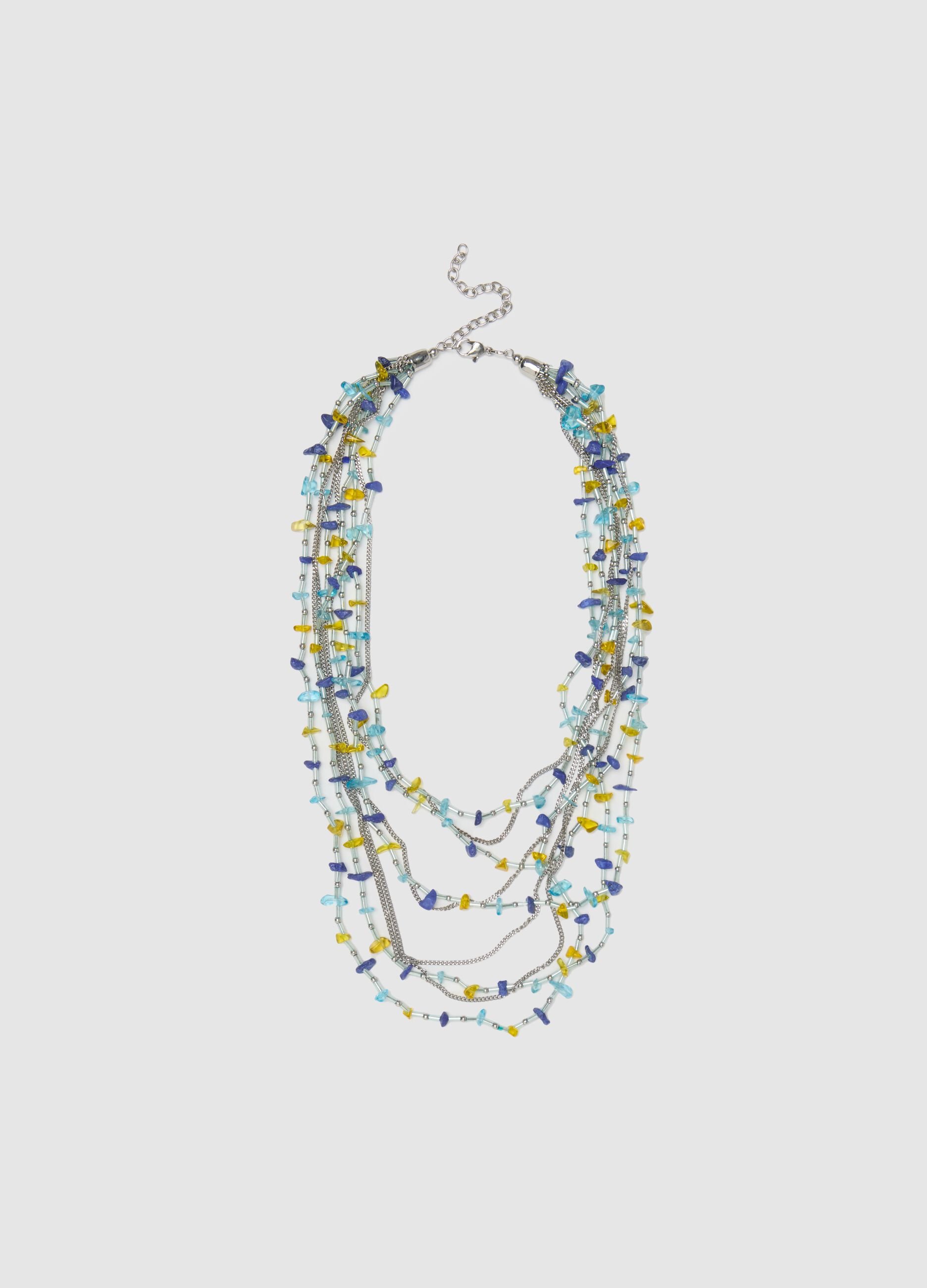 Long multi-strand necklace with coloured beads