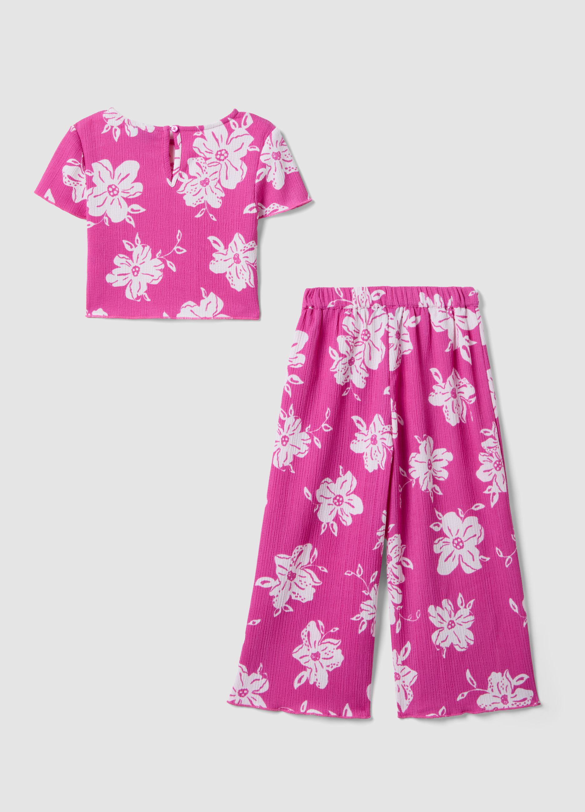 Girls' pink stretch fabric set with floral print