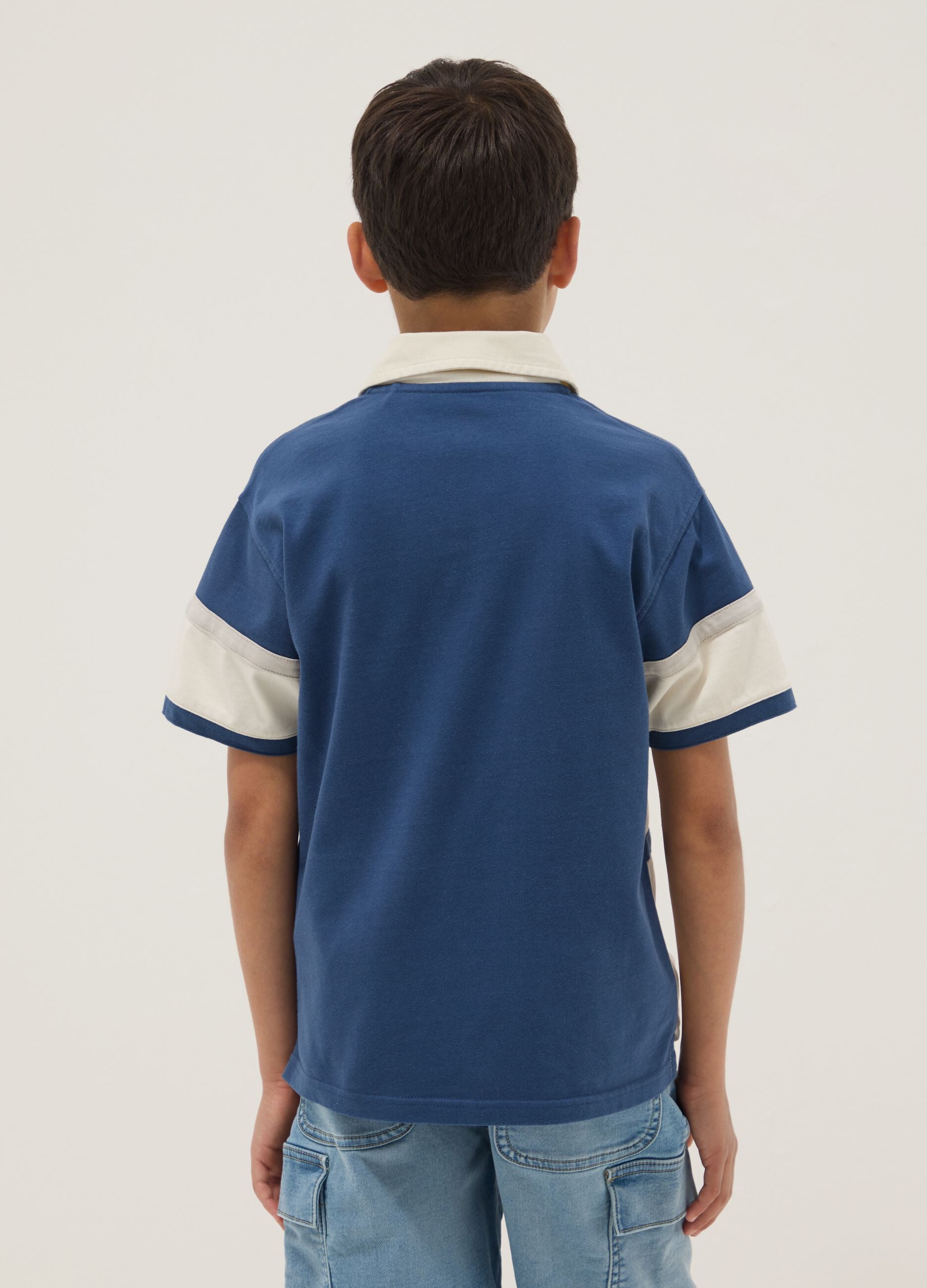 Blue pure cotton short-sleeve polo shirt