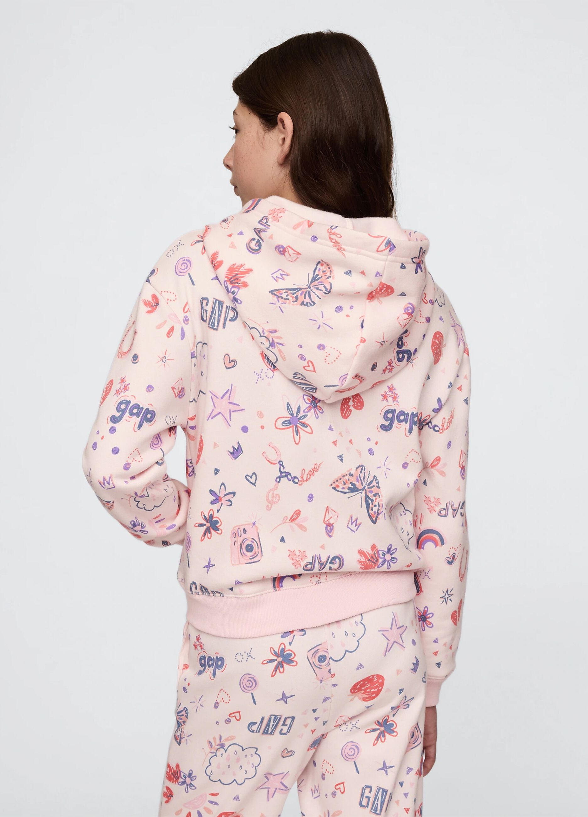 Pink full-zip sweatshirt with hood and all-over print