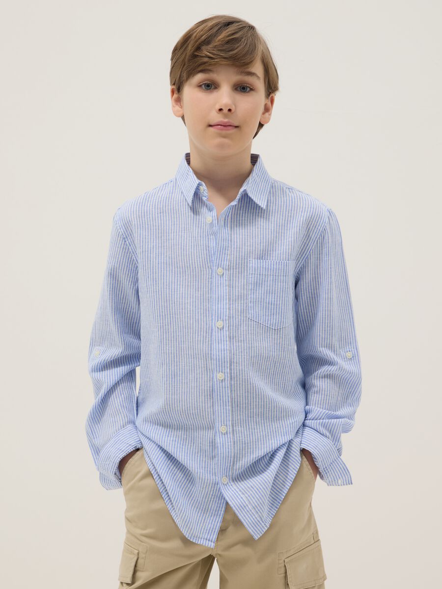 Camicia in misto lino a righe multicolor da ragazzo regular fit_0