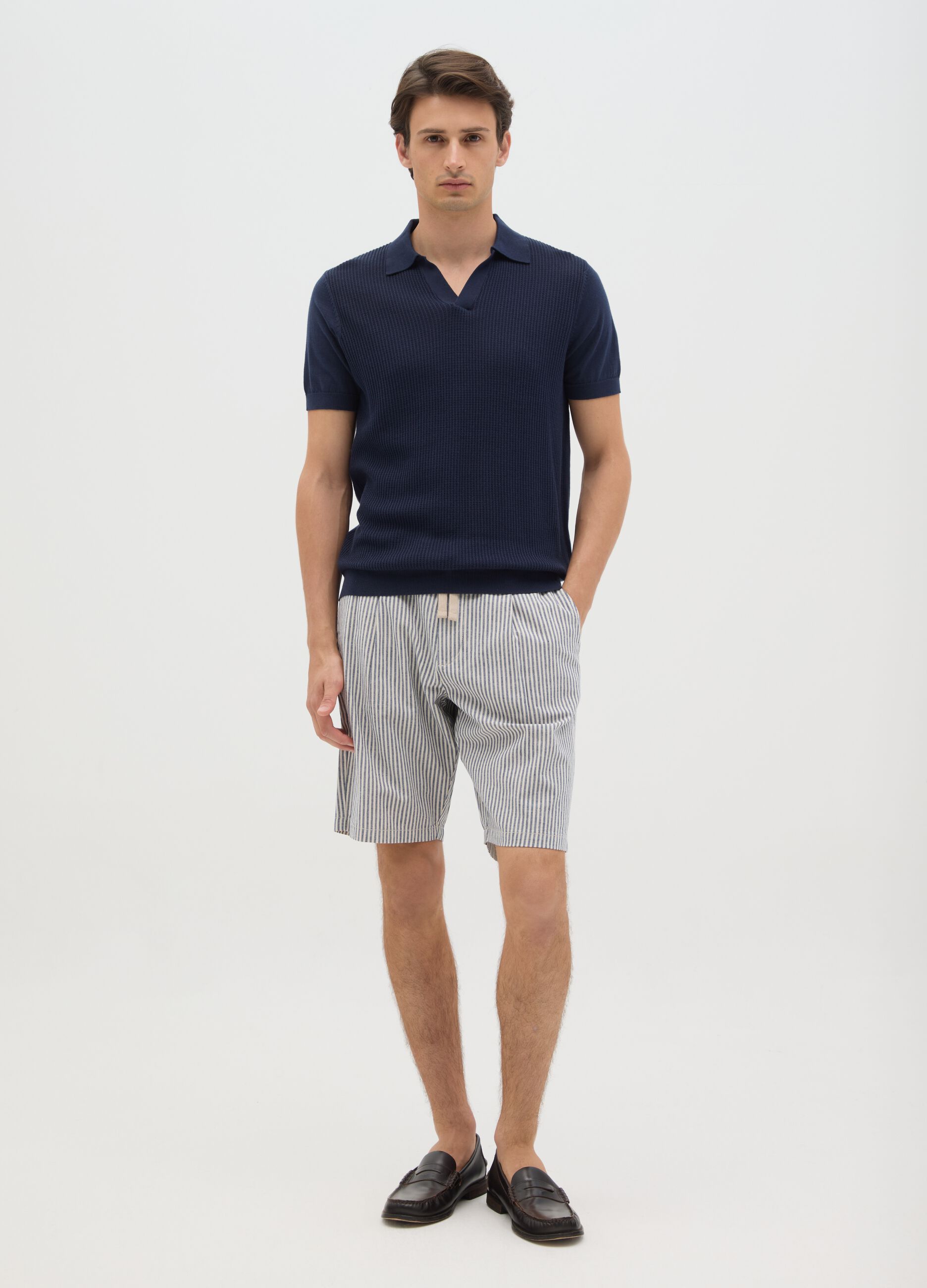 Men's multicolour cotton and linen regular fit shorts with drawstring