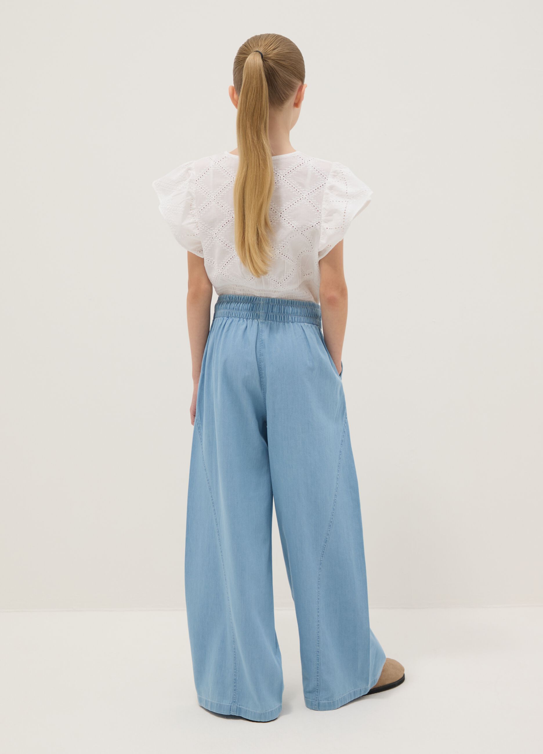 Light blue pure cotton denim wide-leg trousers for girls