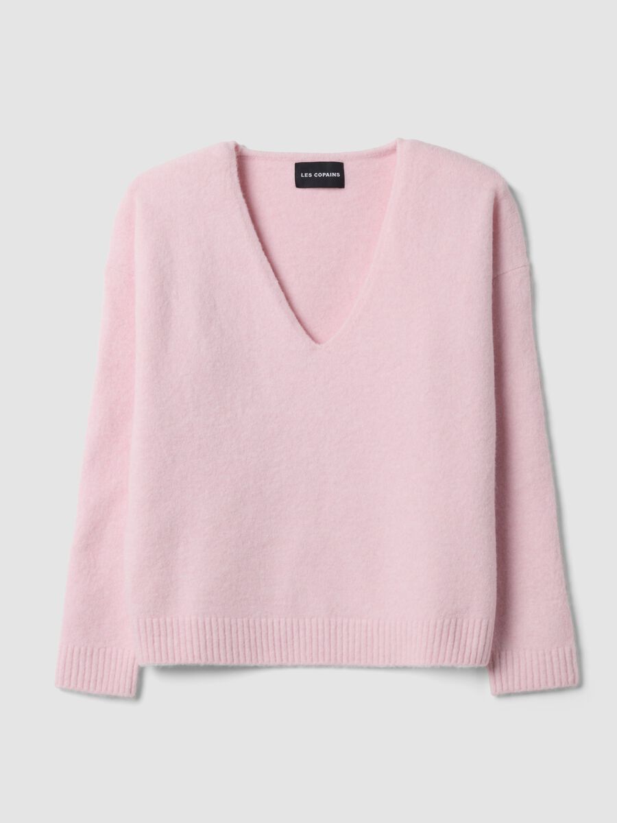 Pink stretch wool jumper with deep V-neck and oversized fit_4