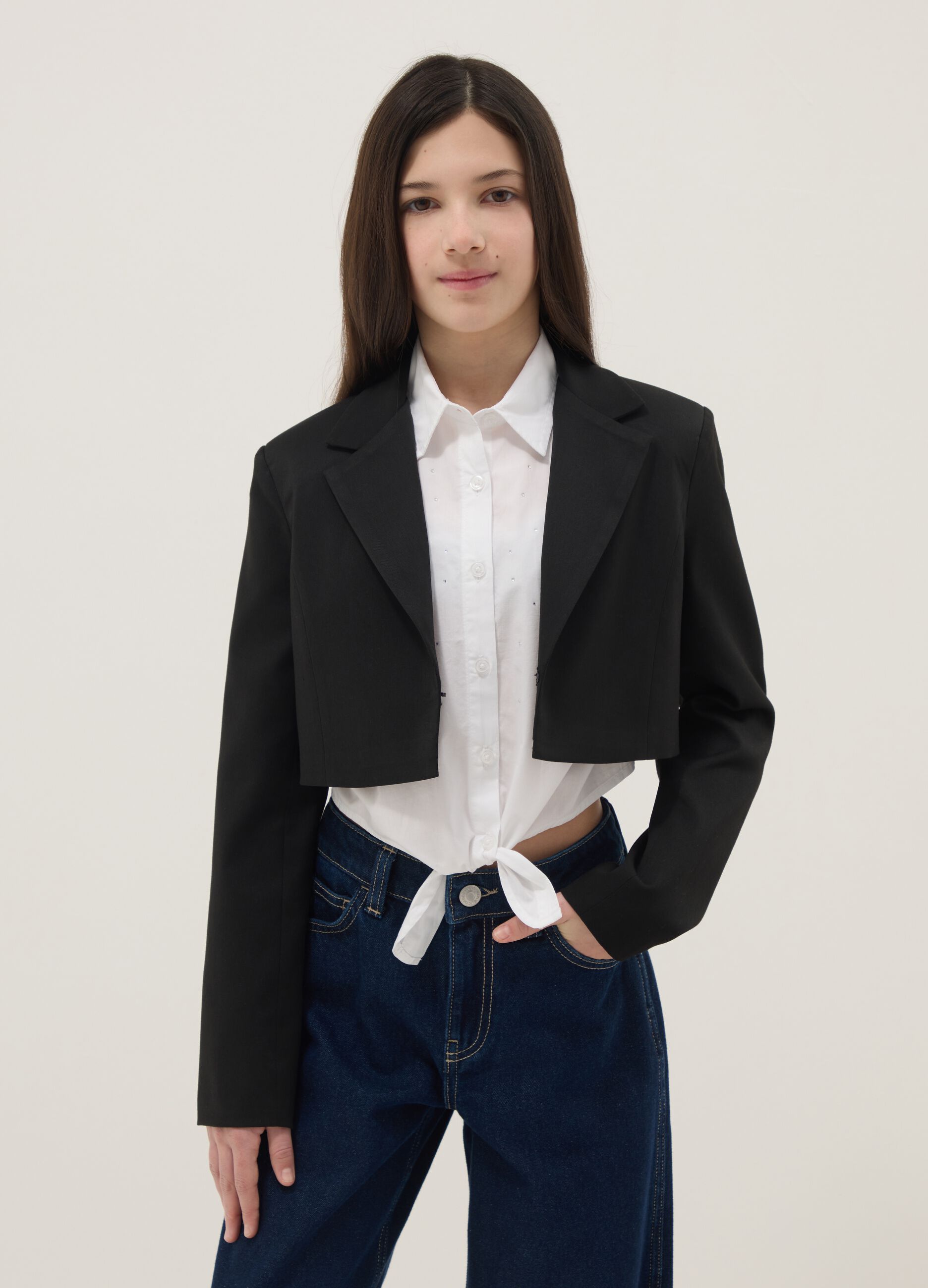 Girls' black cropped blazer, regular fit