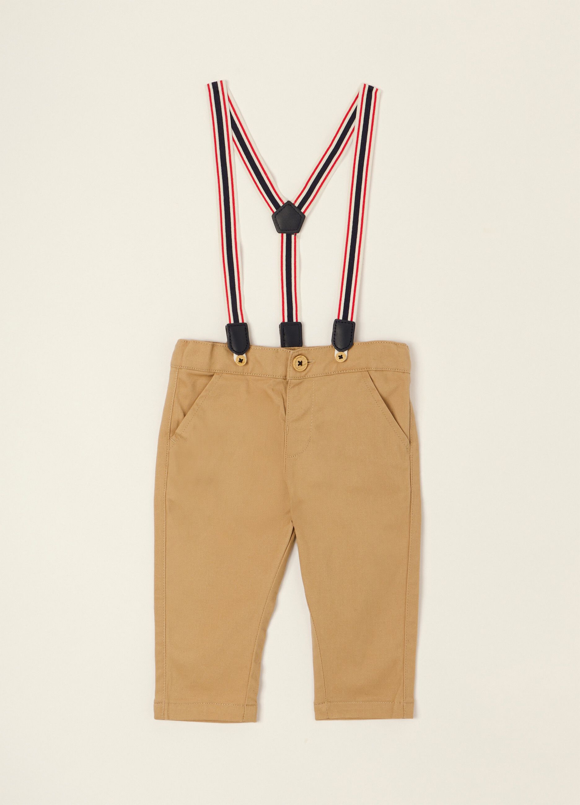 Beige baby trousers in stretch cotton with braces