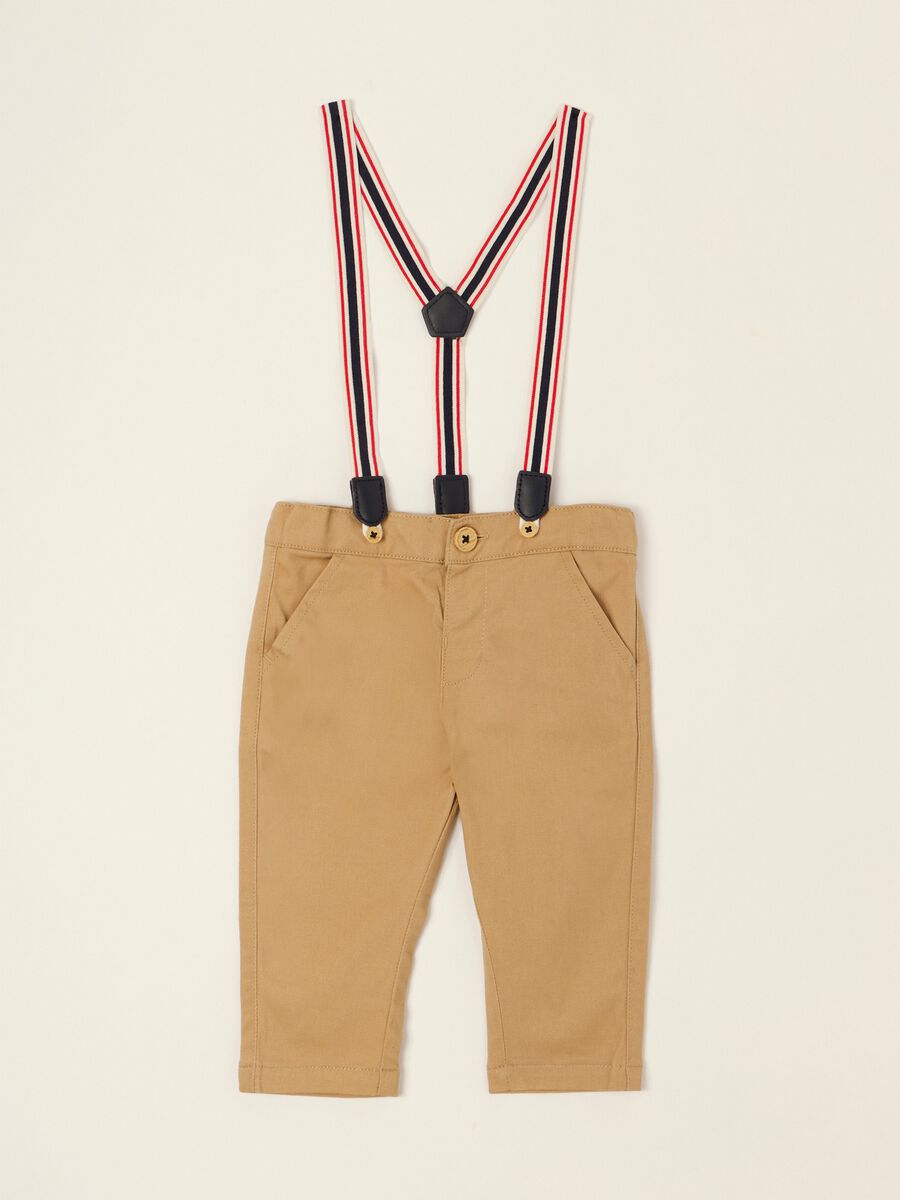 Beige baby trousers in stretch cotton with braces_0