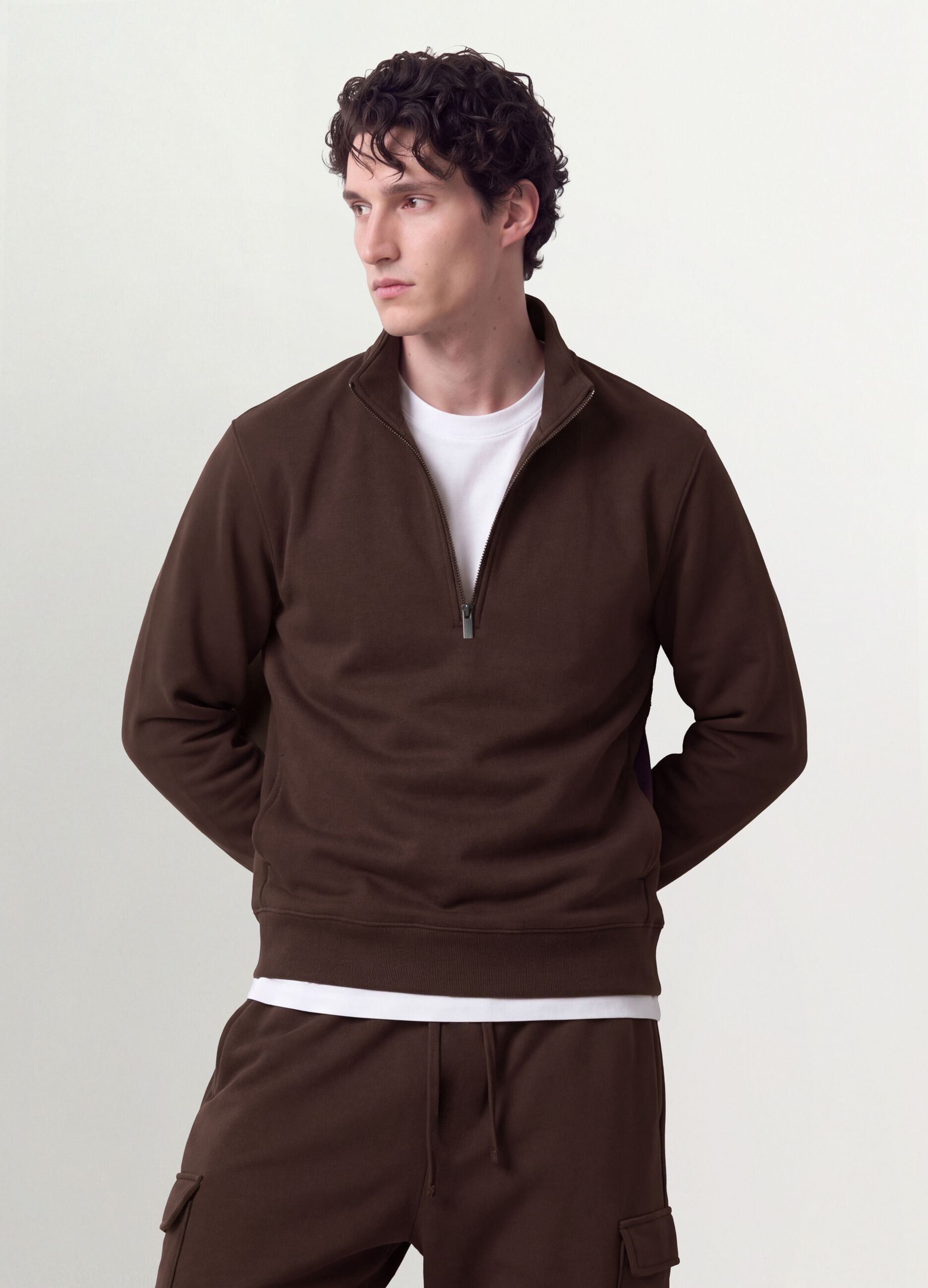 Brown half-zip cotton-blend crew neck