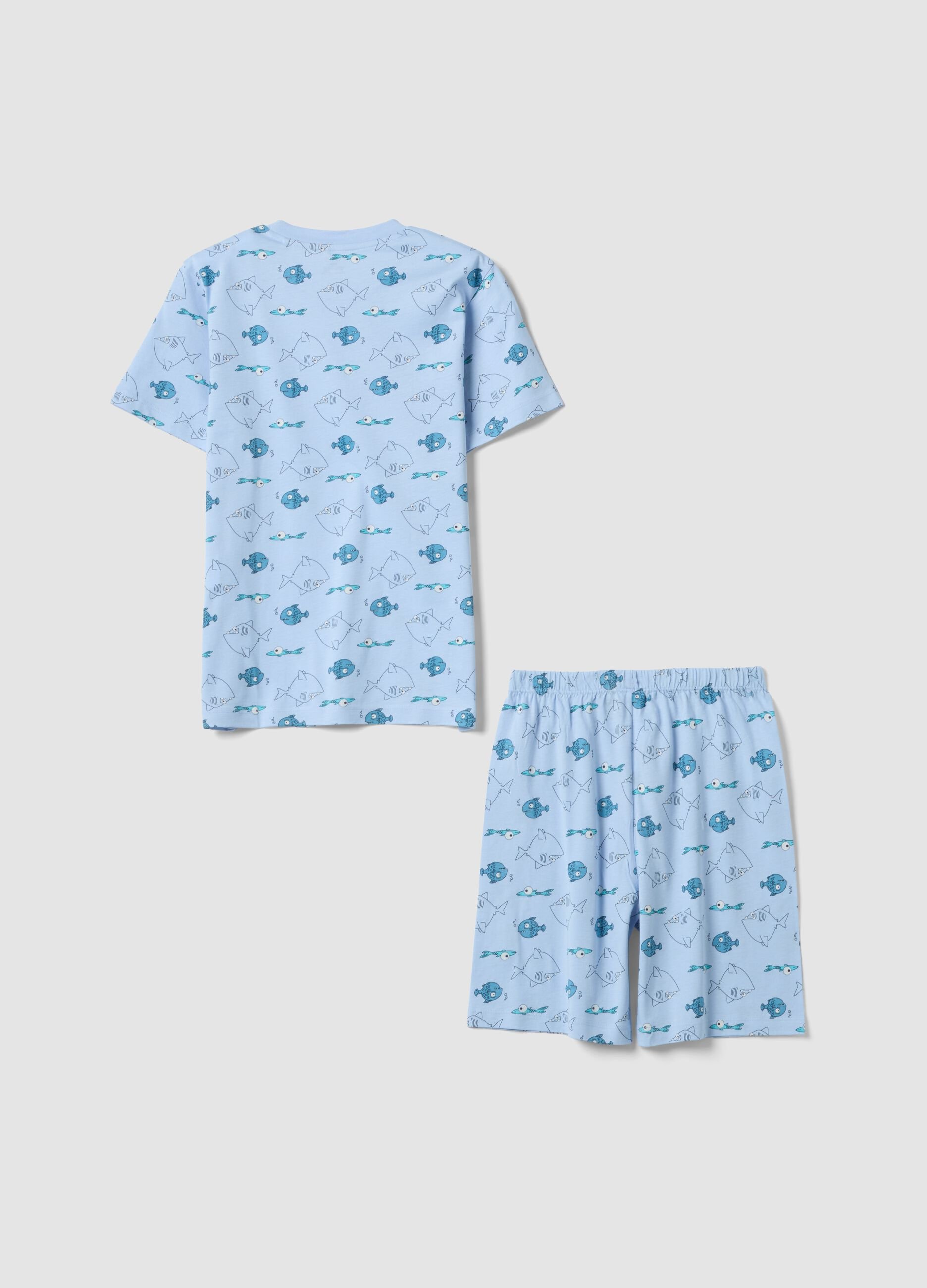 Blue pure organic cotton boys&rsquo; pyjamas with fish print