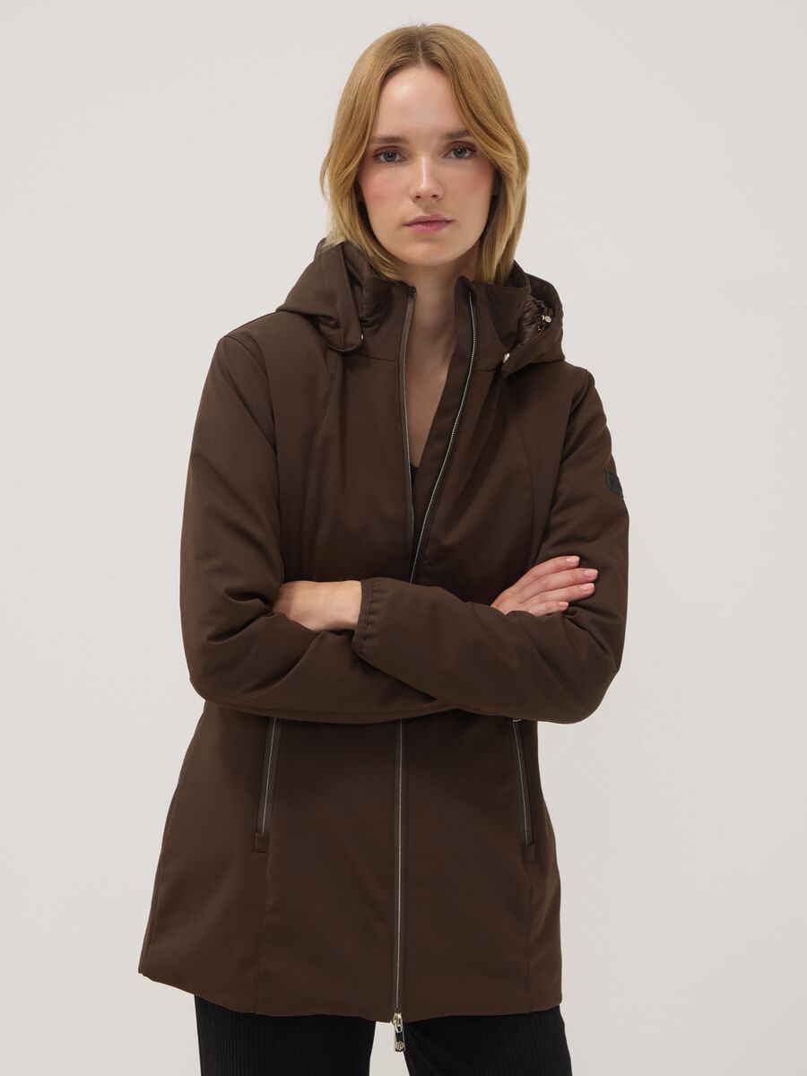 Brown stretch-fabric parka with hood, regular fit_0