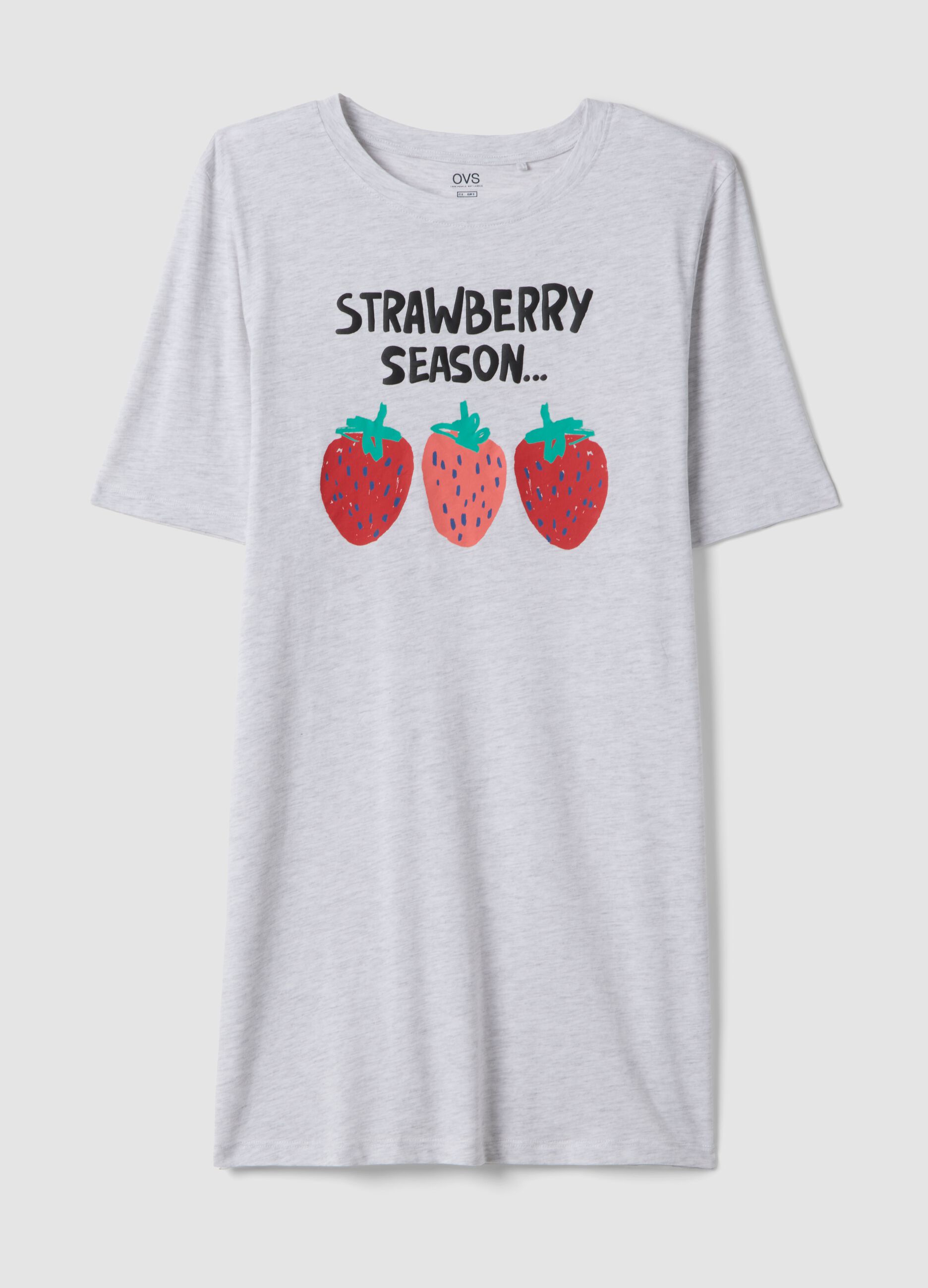 Grey stretch cotton nightshirt regular fit with strawberries