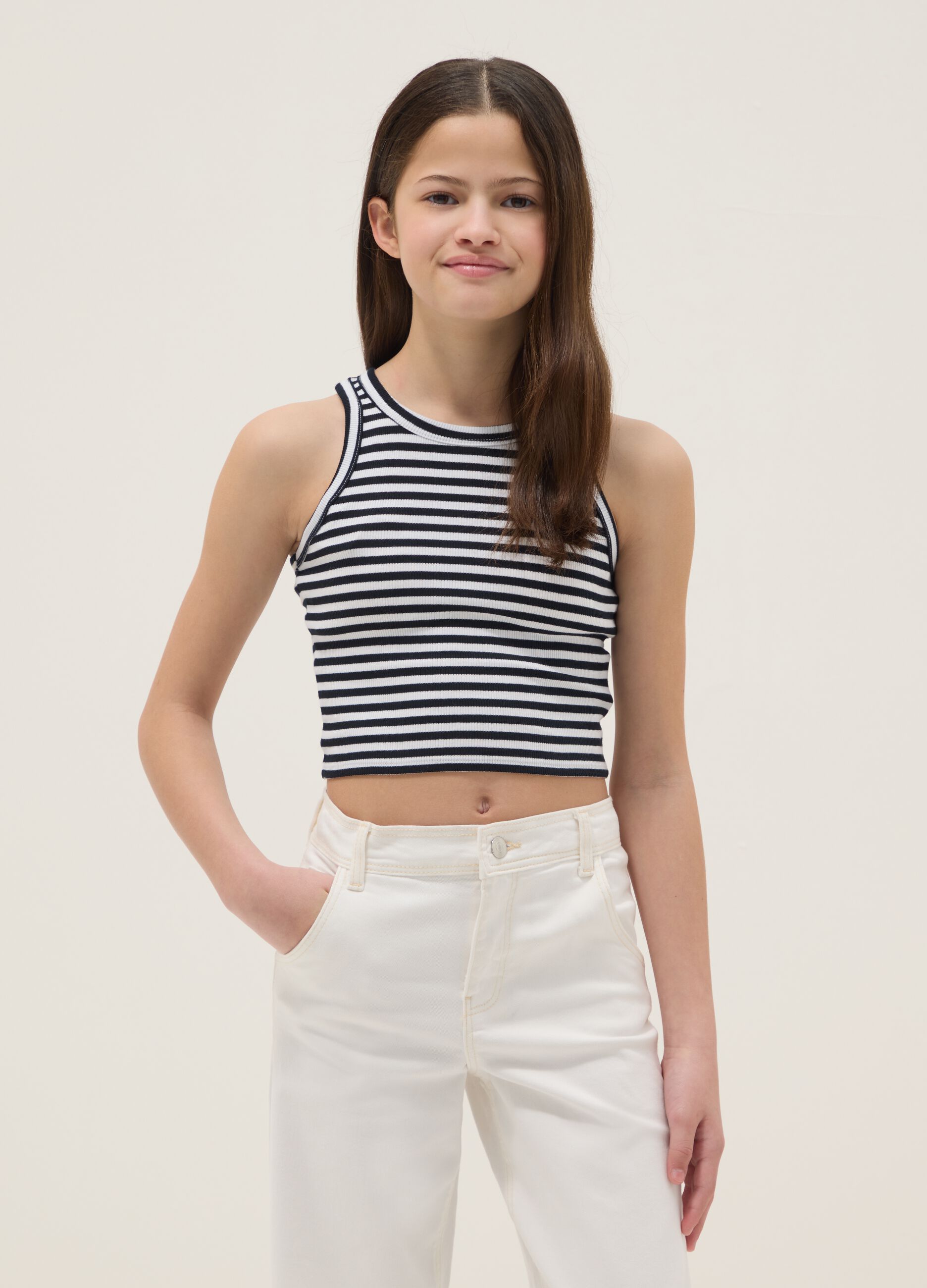 Canotta fitted in cotone elasticizzato a righe multicolor da ragazza