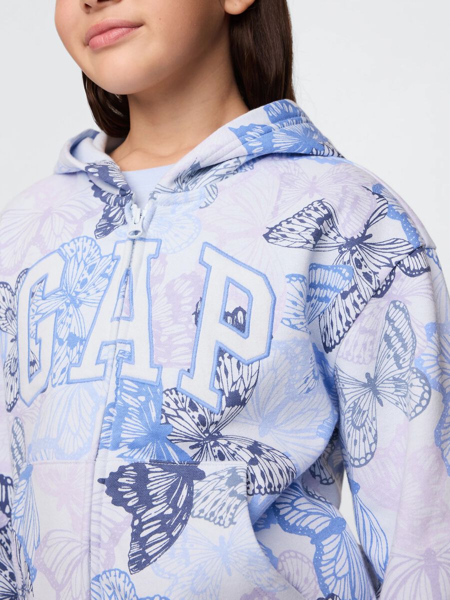 Light blue and purple full-zip sweatshirt with hood, butterflies print and logo embroidery_3
