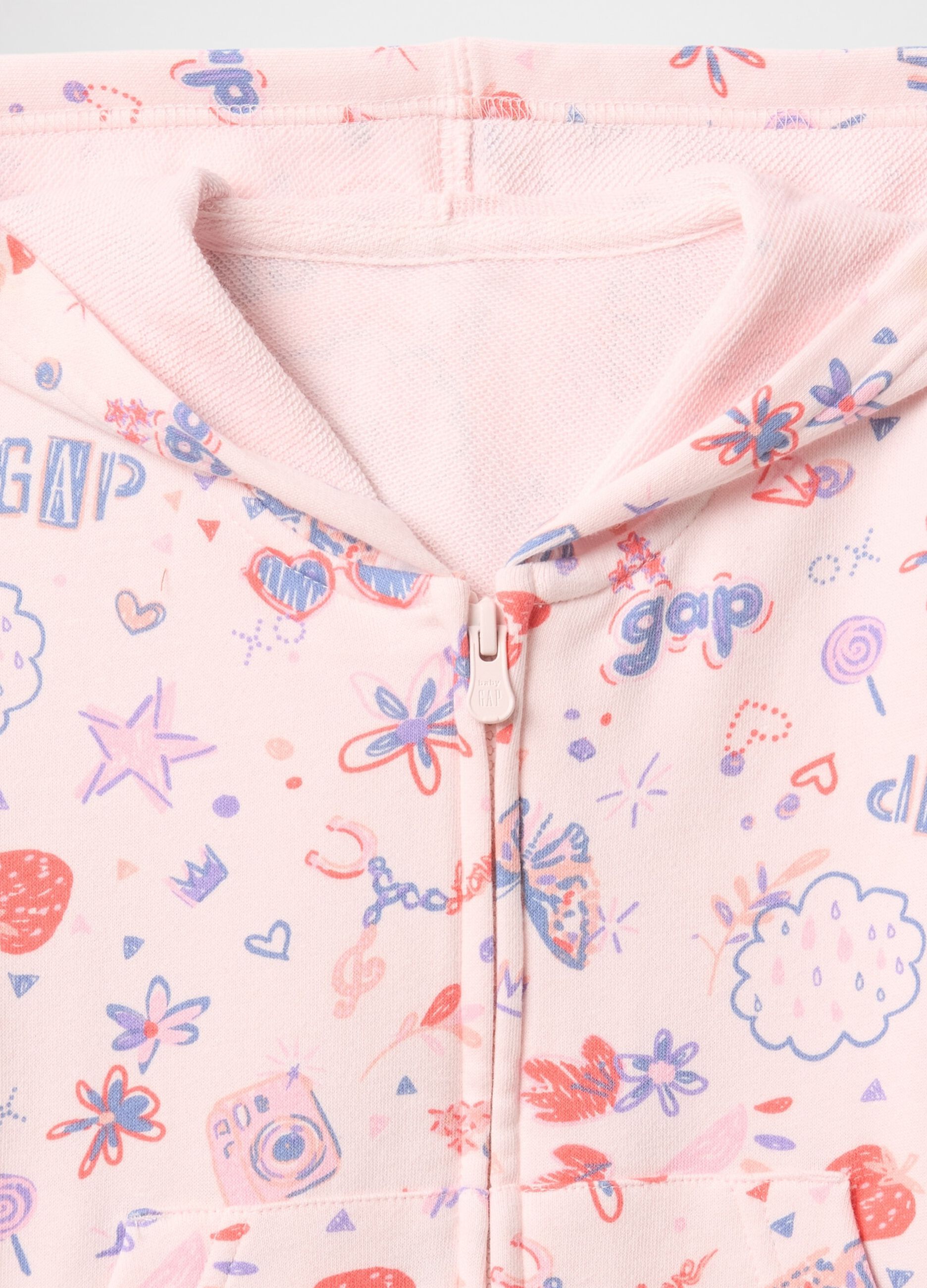 Pink full-zip sweatshirt with hood and all-over print