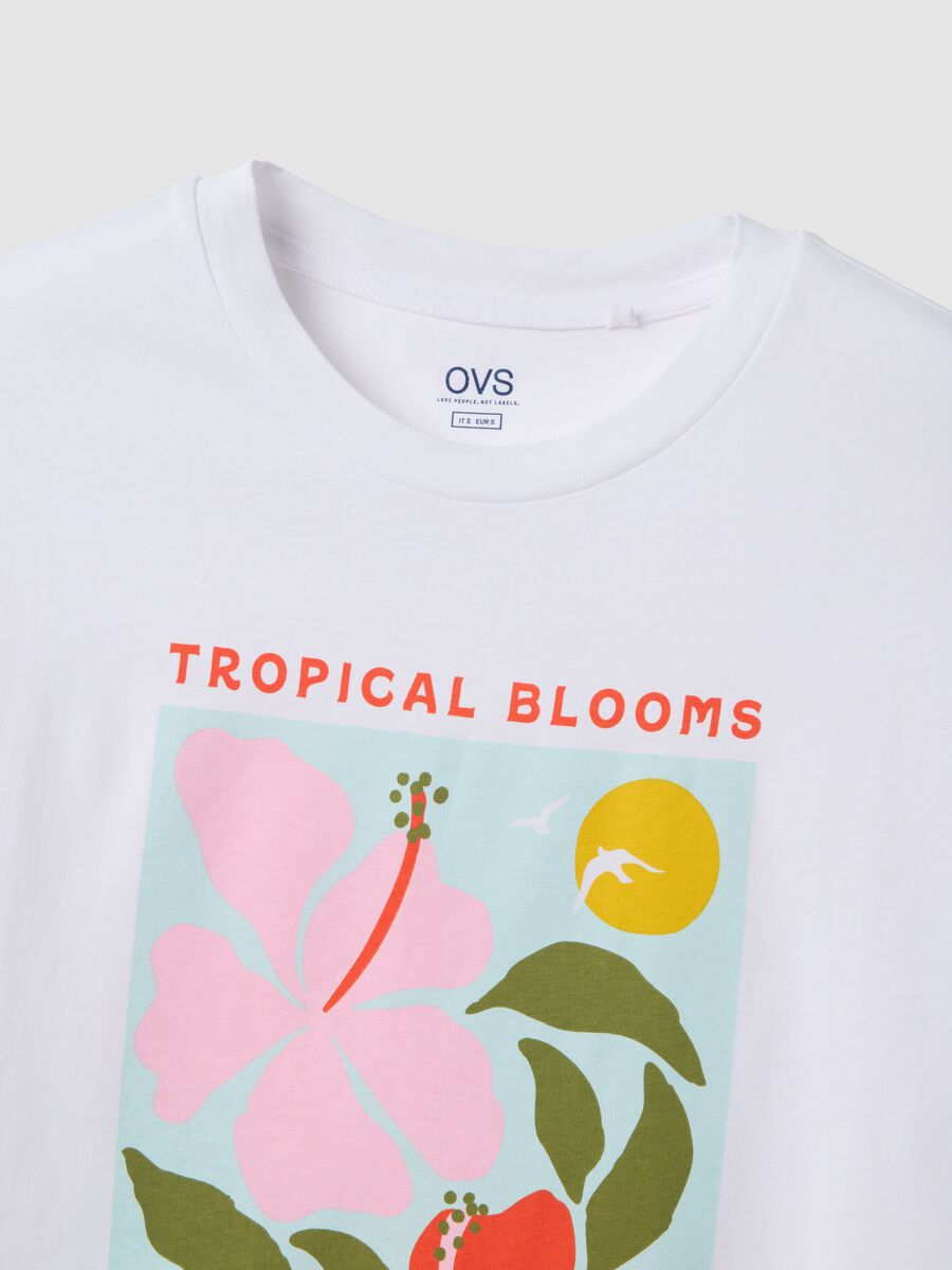 White pure cotton T-shirt with floral print, regular fit_1