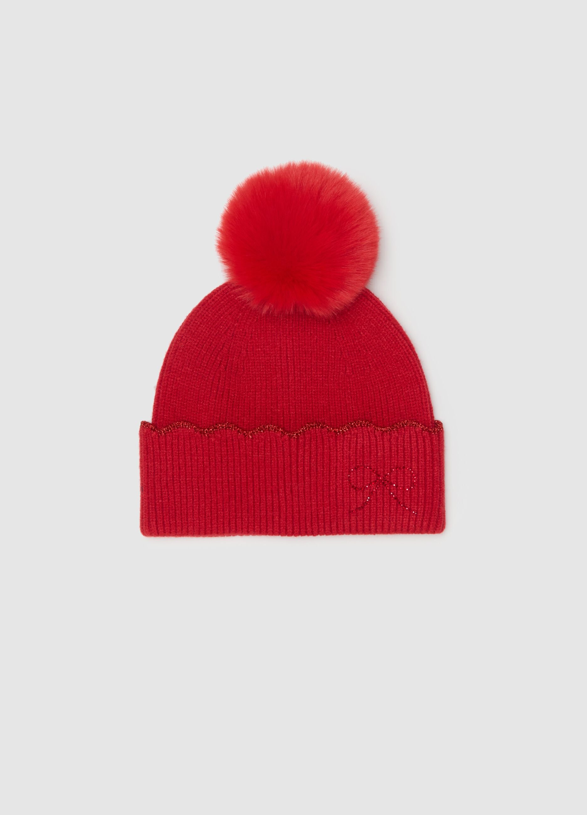 Red girl’s hat with pom pom and glitter
