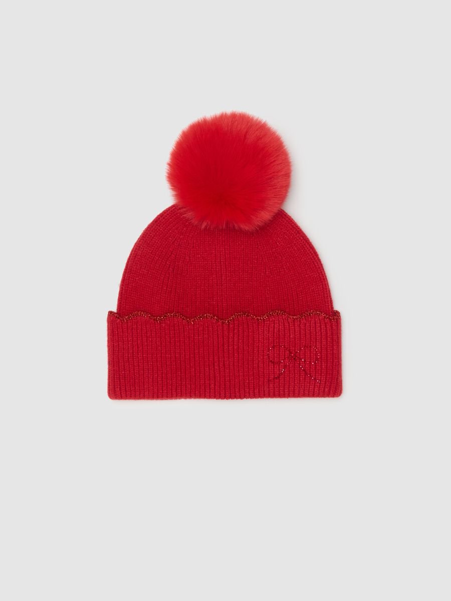 Red girl’s hat with pom pom and glitter_0