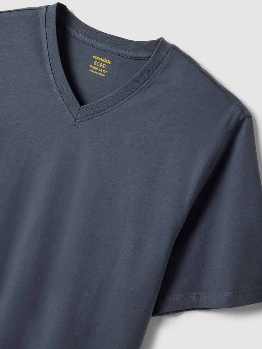 Blue pure cotton regular fit V-neck T-shirt_5