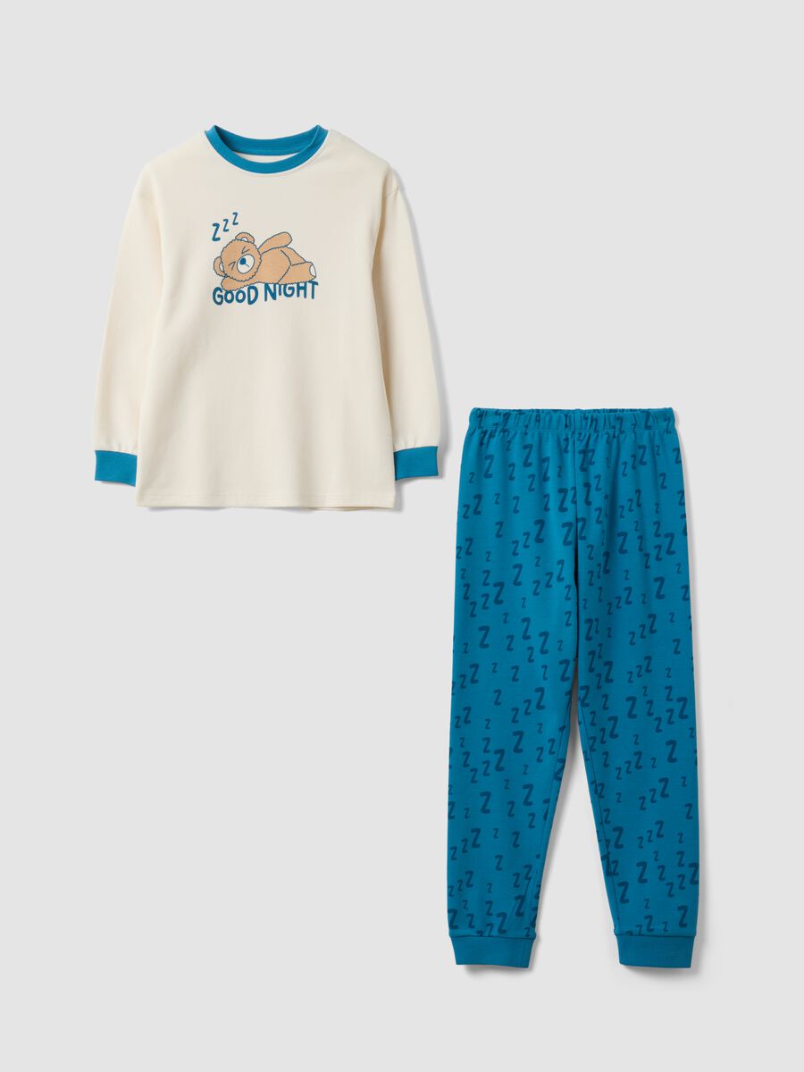 Beige and blue pure organic cotton pyjamas with bear print_0