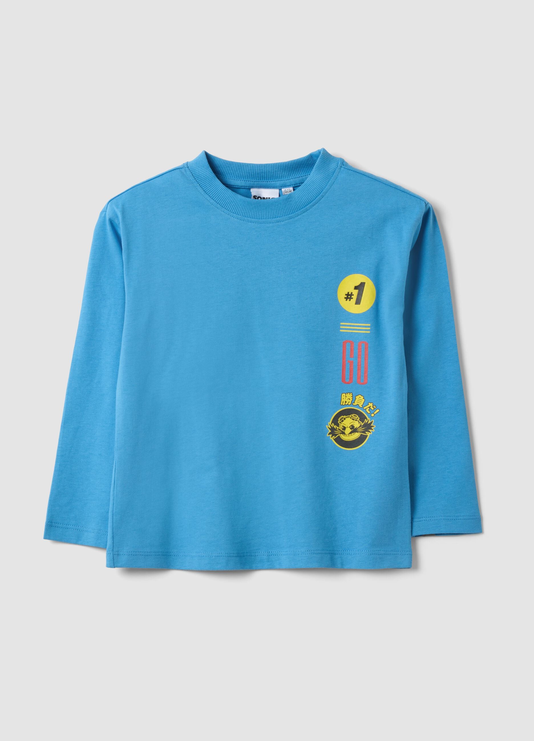 Blue pure cotton jersey T-shirt with crew neck and Sonic print